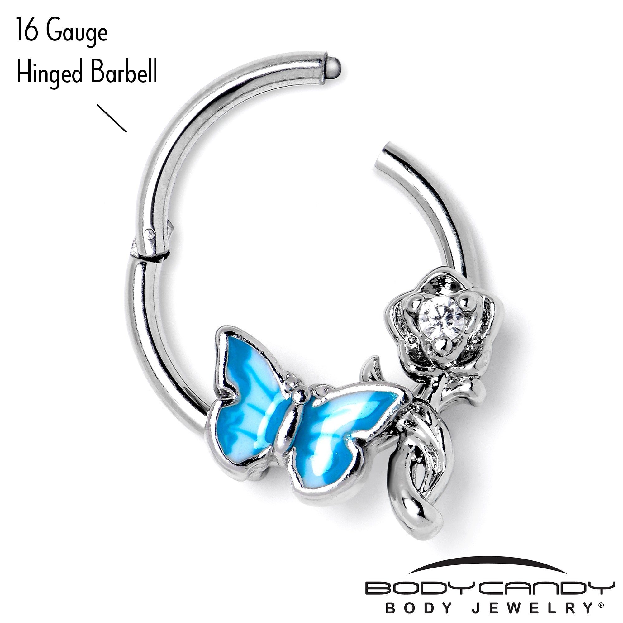 BodyCandy 16G 3/8 Clear CZ Gem Butterfly Rose Blue Hinged Segment Ring — back view