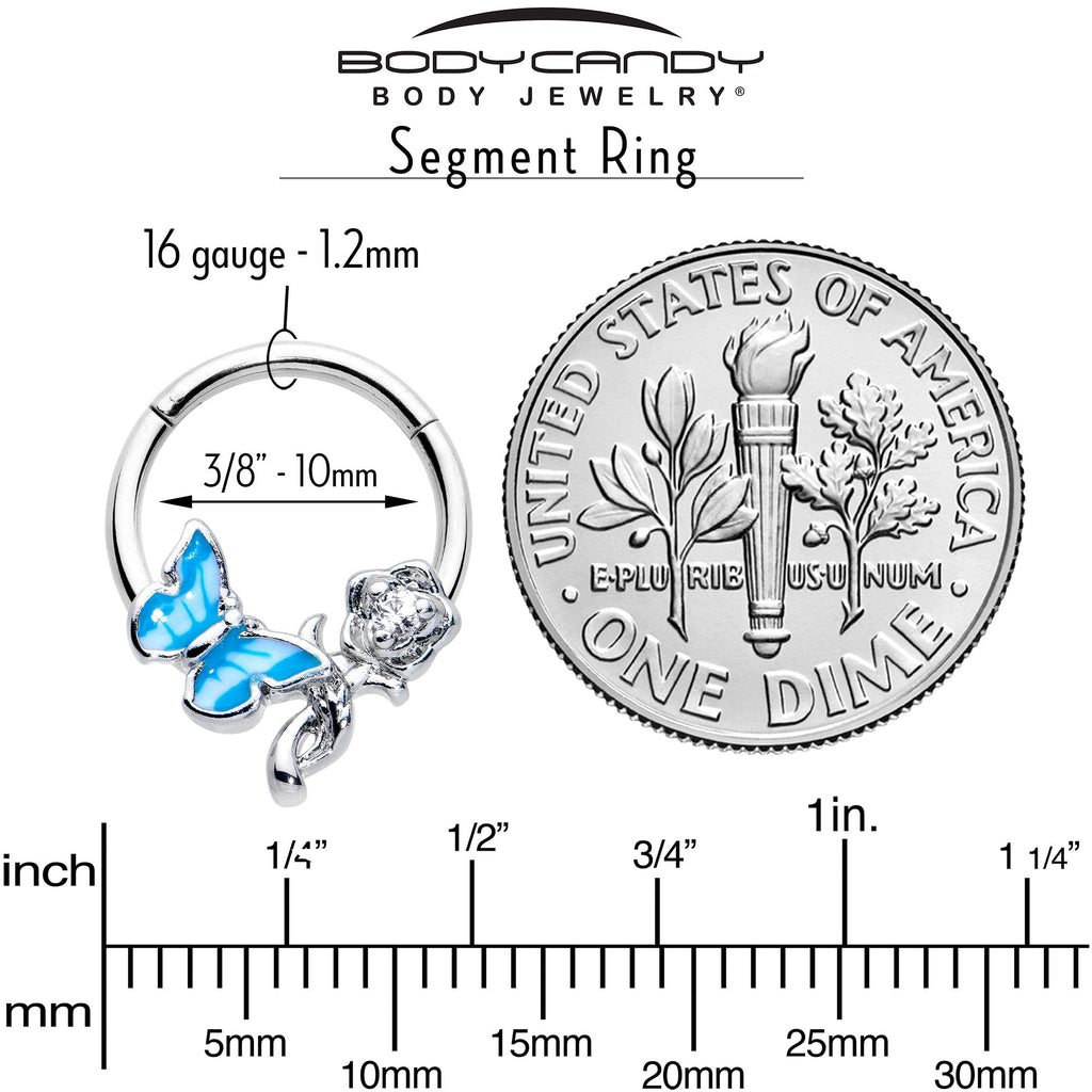 BodyCandy 16G 3/8 Clear CZ Gem Butterfly Rose Blue Hinged Segment Ring — alternative angle