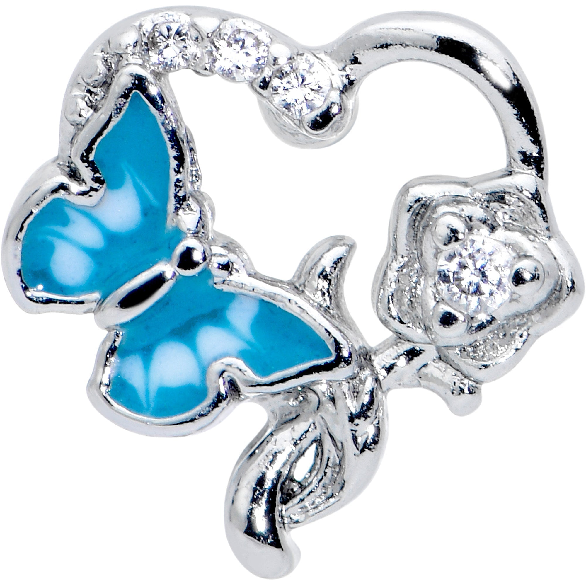 BodyCandy 16G 5/16 Clear CZ Gem Butterfly Rose Blue Internally Threaded Labret — detail close-up