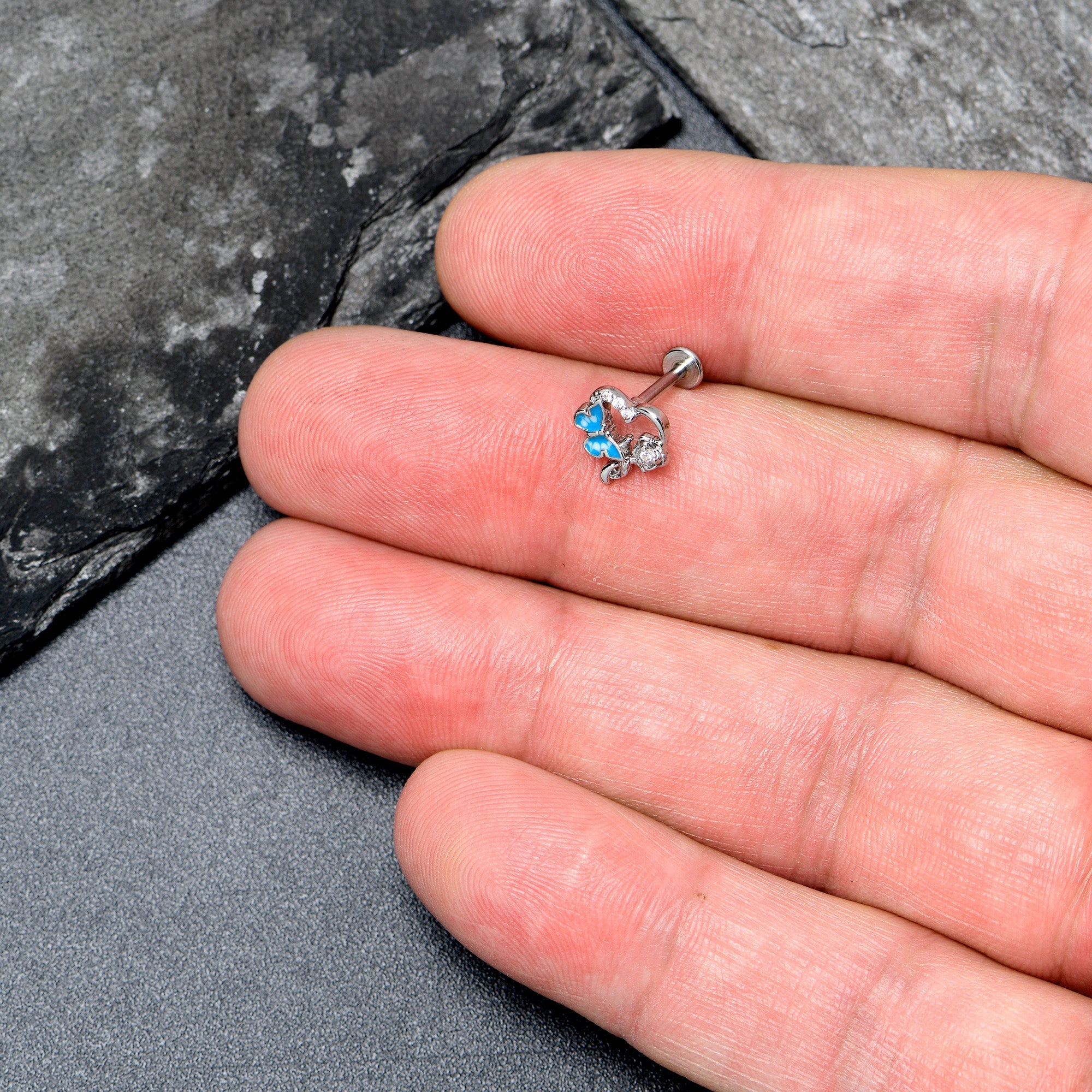 BodyCandy 16G 5/16 Clear CZ Gem Butterfly Rose Blue Internally Threaded Labret — side view