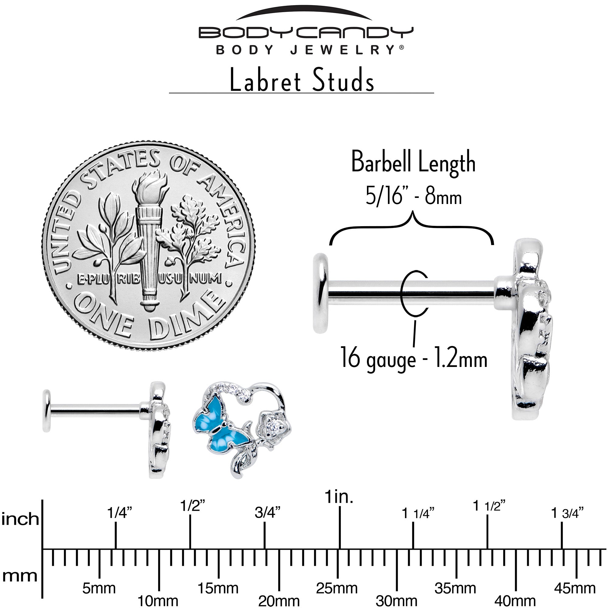 BodyCandy 16G 5/16 Clear CZ Gem Butterfly Rose Blue Internally Threaded Labret — alternative angle