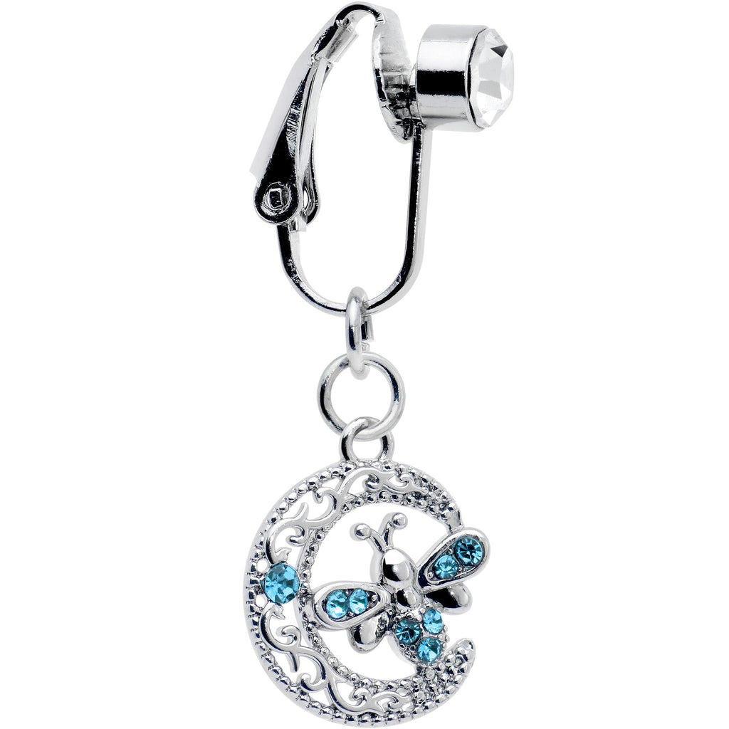 BodyCandy Blue Gem Lunar Dragonfly Fake Clip On Belly Ring — detail close-up