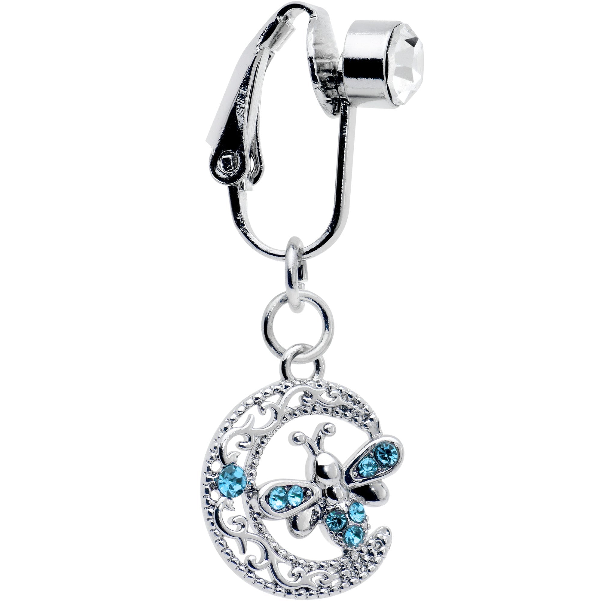 BodyCandy Blue Gem Lunar Dragonfly Fake Clip On Belly Ring — detail close-up