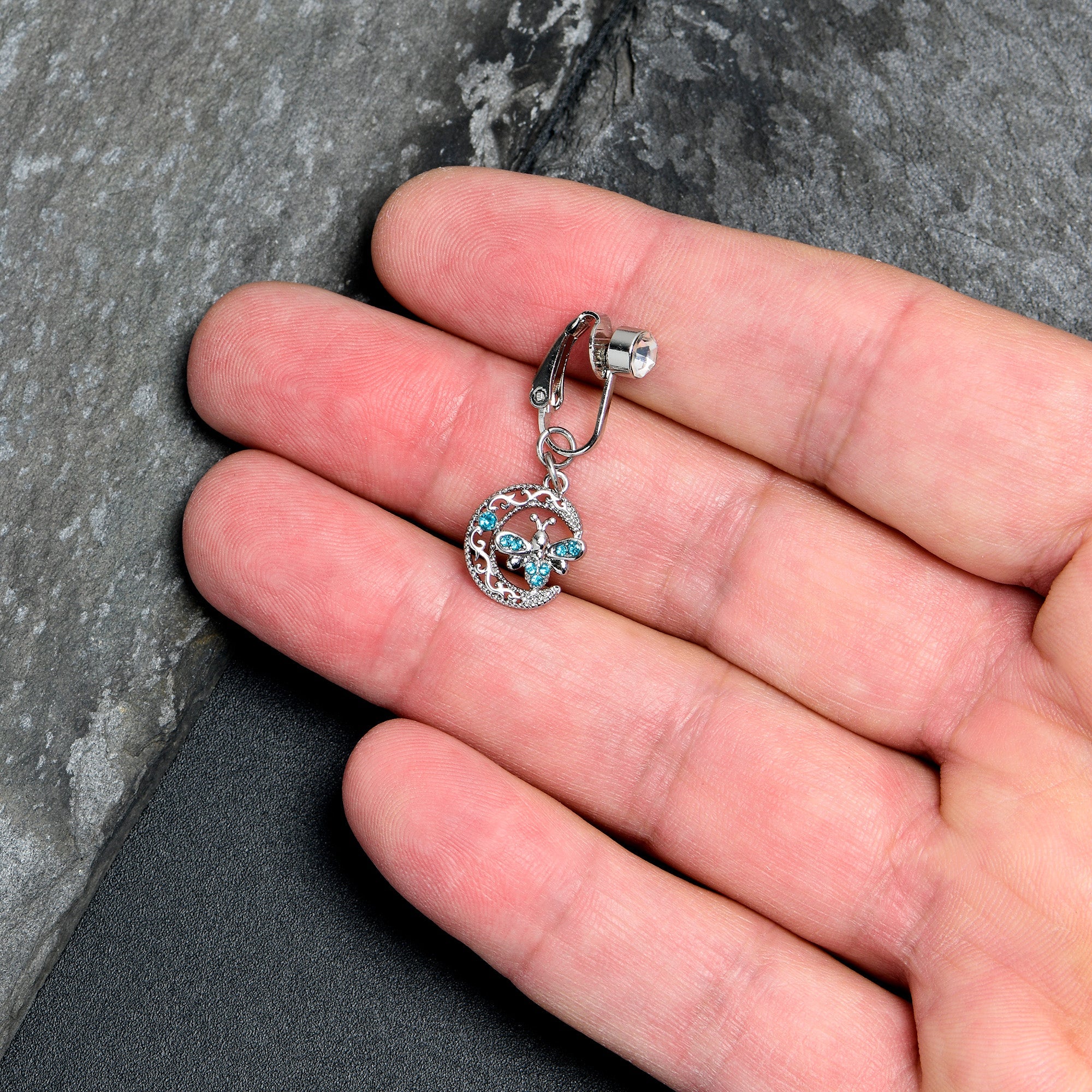 BodyCandy Blue Gem Lunar Dragonfly Fake Clip On Belly Ring — lifestyle context