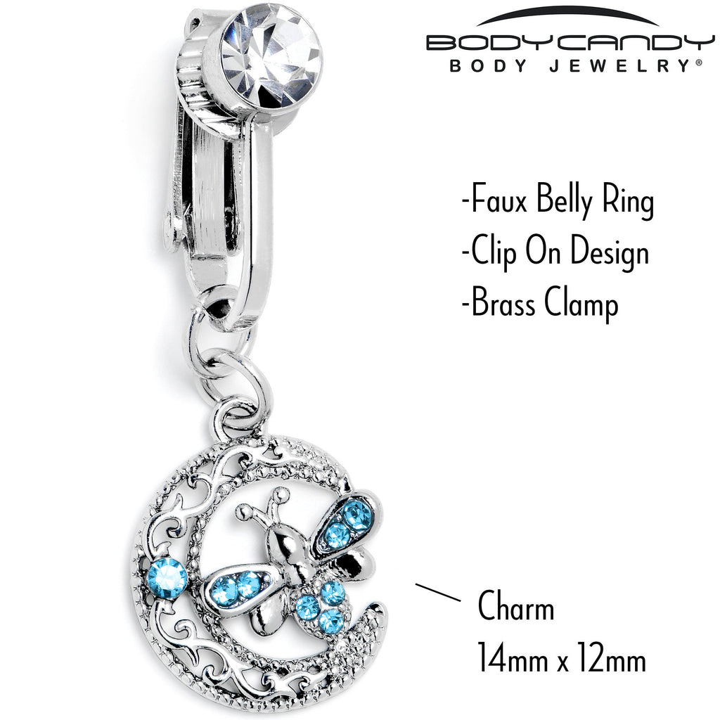 BodyCandy Blue Gem Lunar Dragonfly Fake Clip On Belly Ring — side view