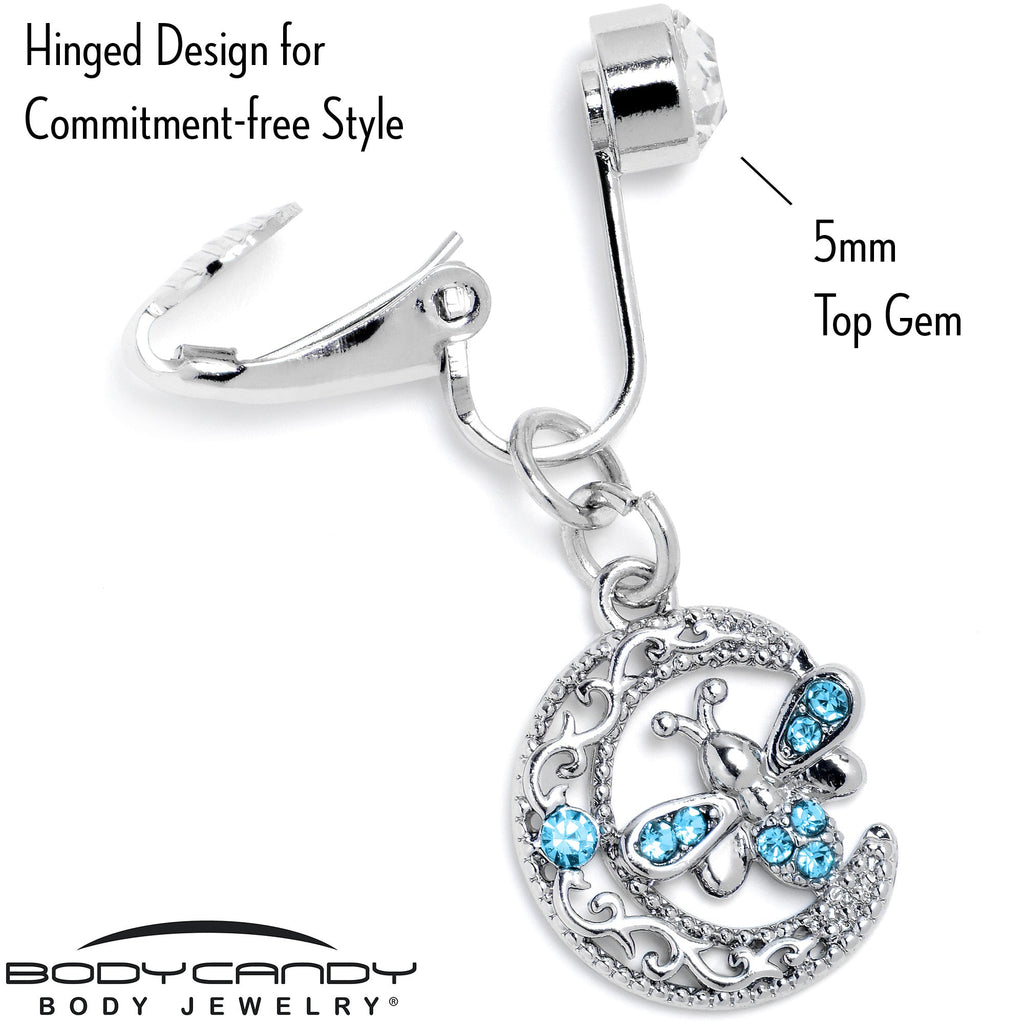 BodyCandy Blue Gem Lunar Dragonfly Fake Clip On Belly Ring — back view