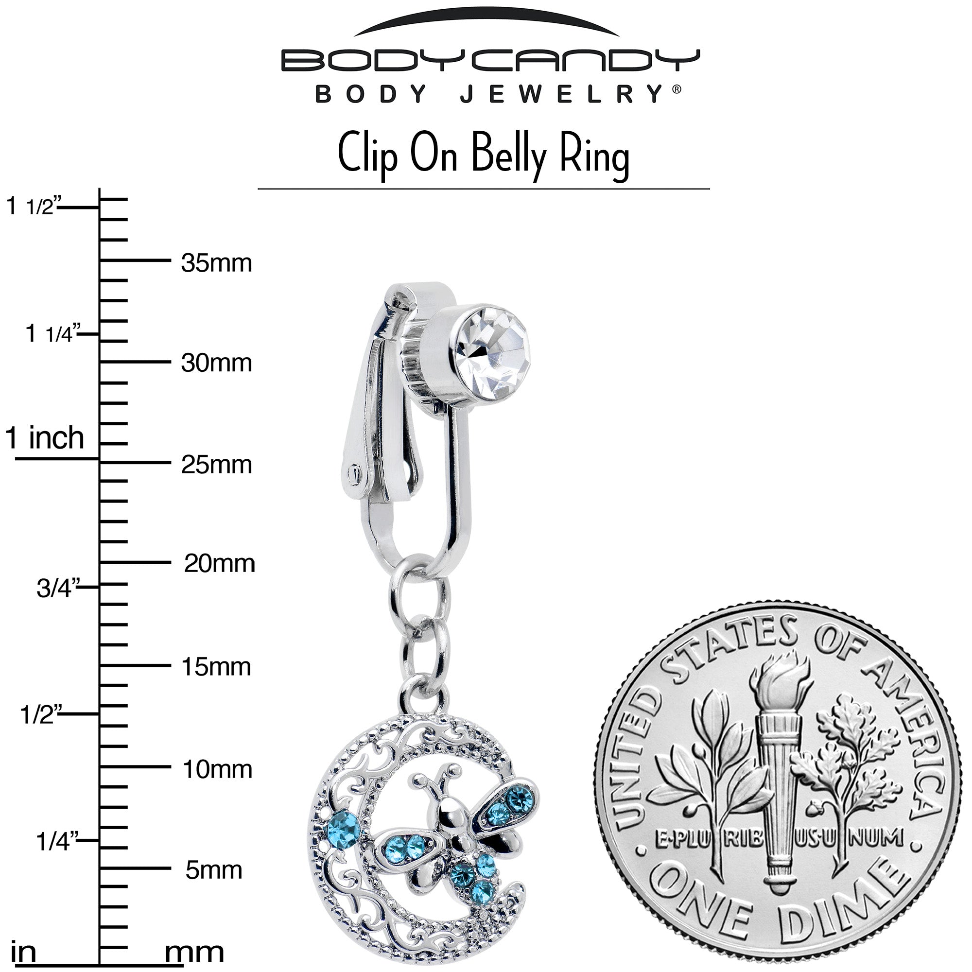 BodyCandy Blue Gem Lunar Dragonfly Fake Clip On Belly Ring — alternative angle