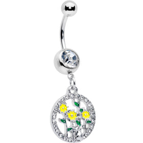 Clear Gem Cat Yellow Flowers Dangle Belly Ring