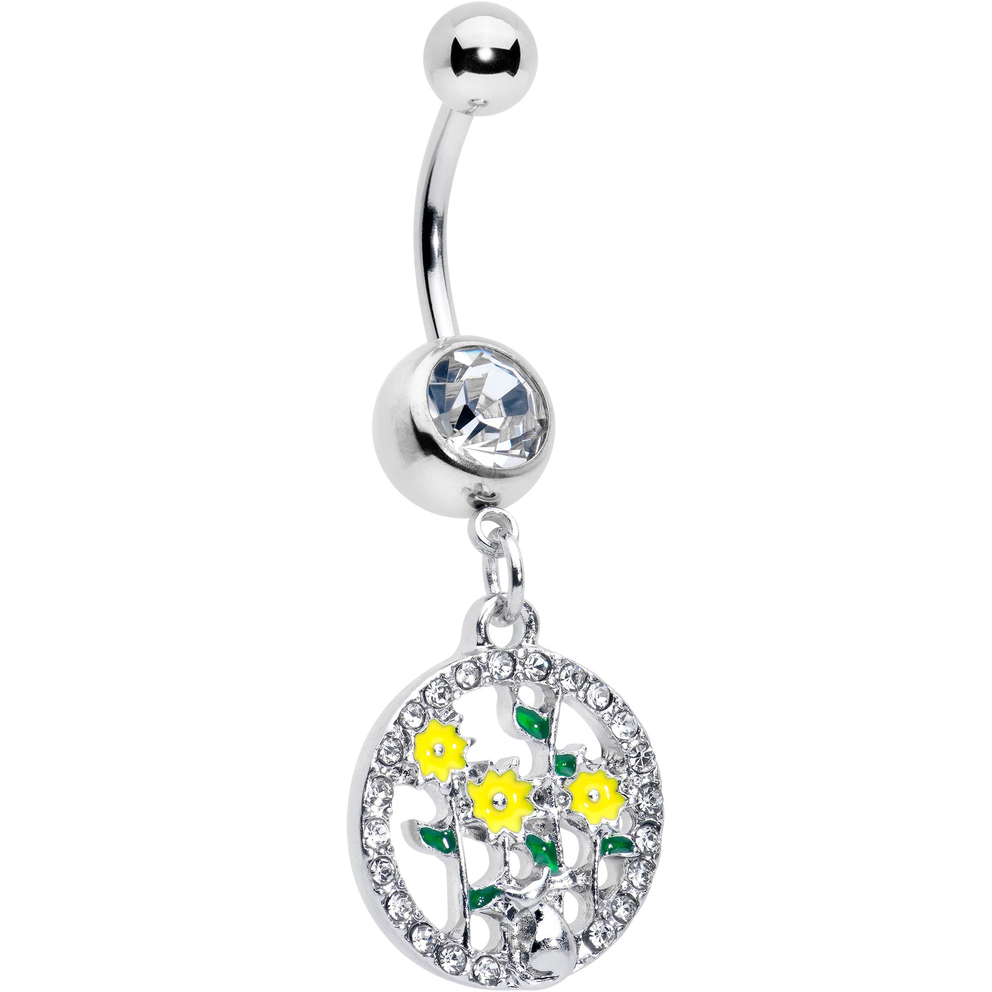 BodyCandy Clear Gem Cat Yellow Flowers Dangle Belly Ring — main product shot
