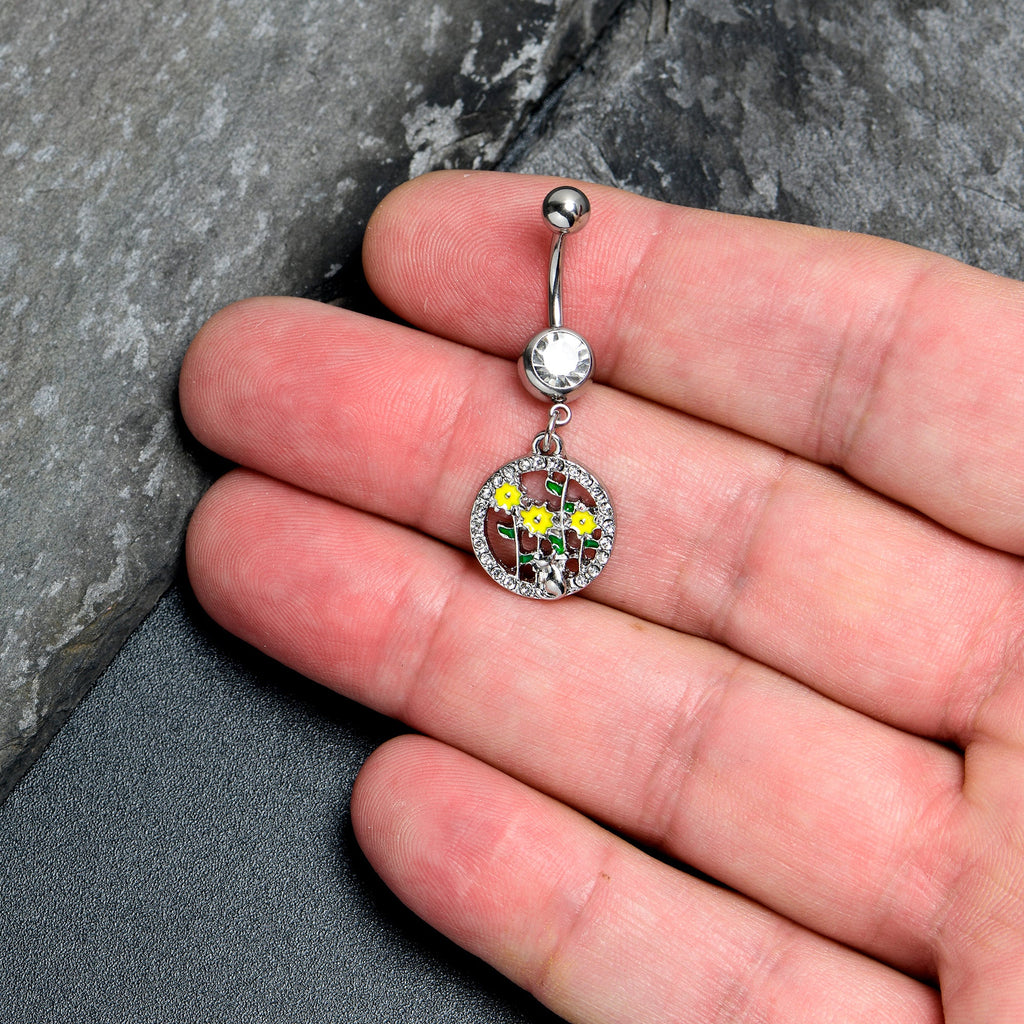 BodyCandy Clear Gem Cat Yellow Flowers Dangle Belly Ring — detail close-up
