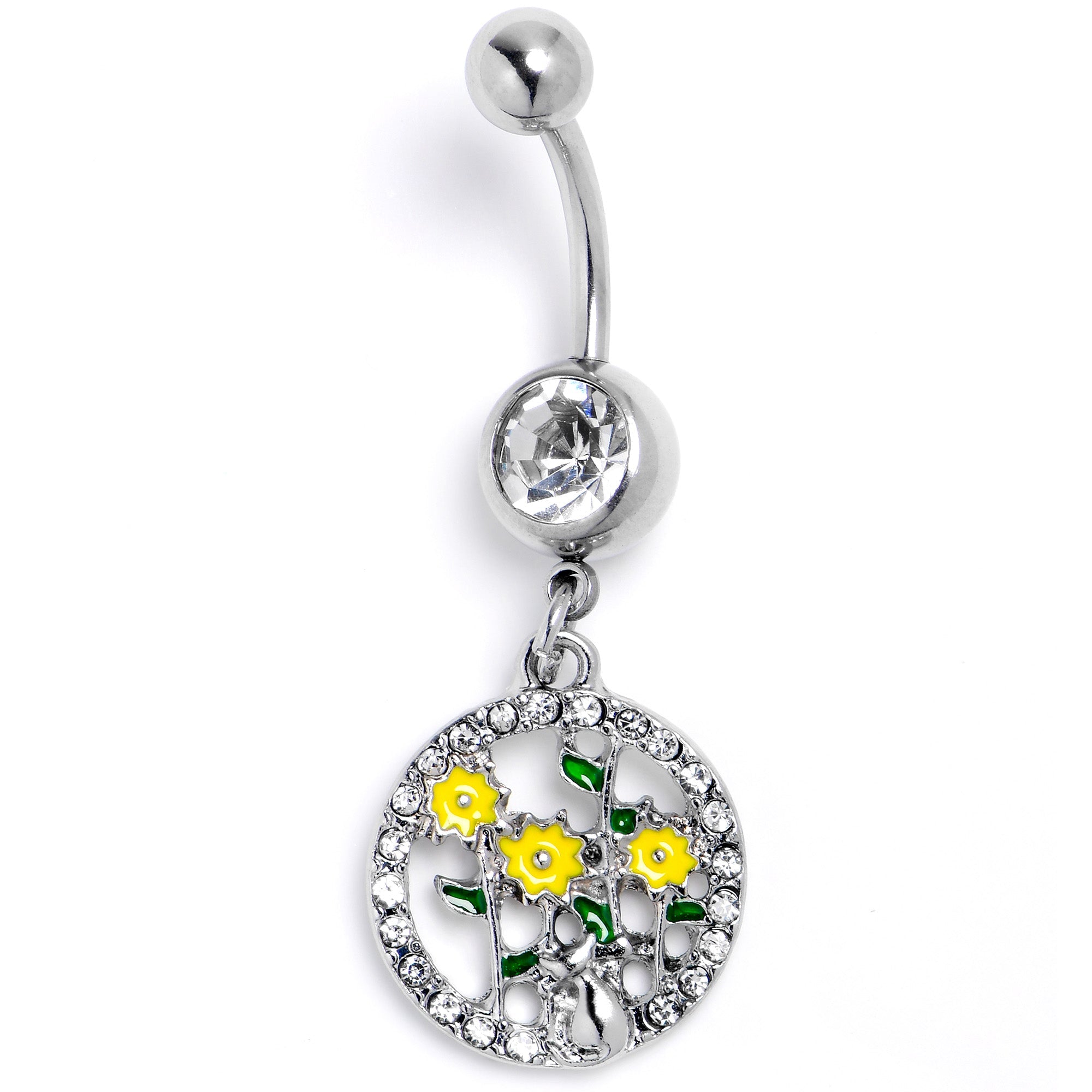 BodyCandy Clear Gem Cat Yellow Flowers Dangle Belly Ring — lifestyle context