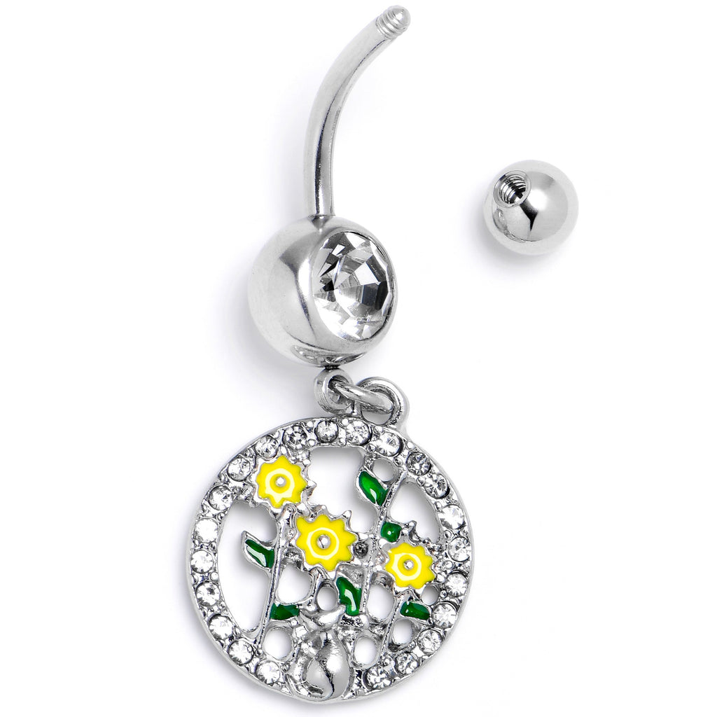 BodyCandy Clear Gem Cat Yellow Flowers Dangle Belly Ring — side view