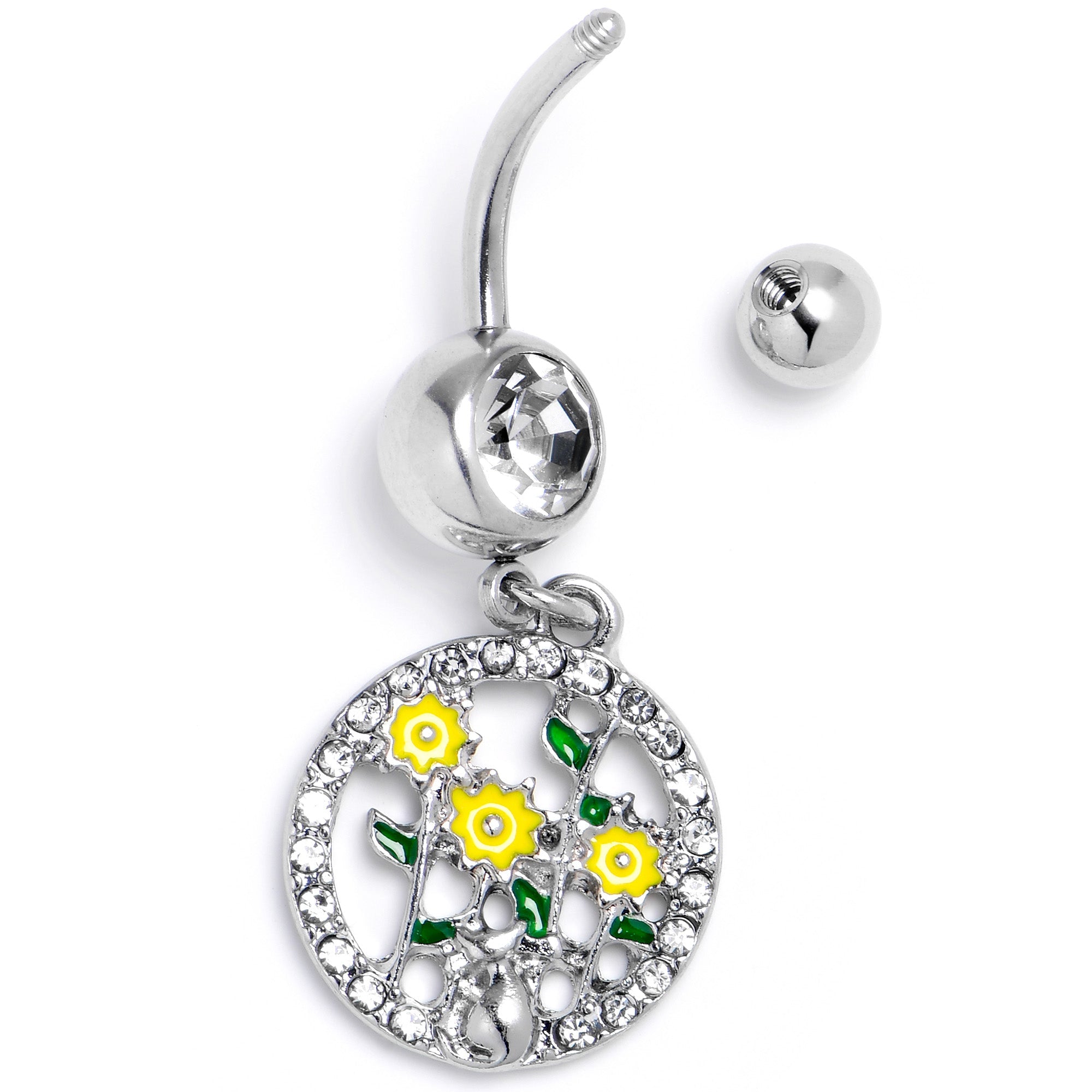 BodyCandy Clear Gem Cat Yellow Flowers Dangle Belly Ring — side view