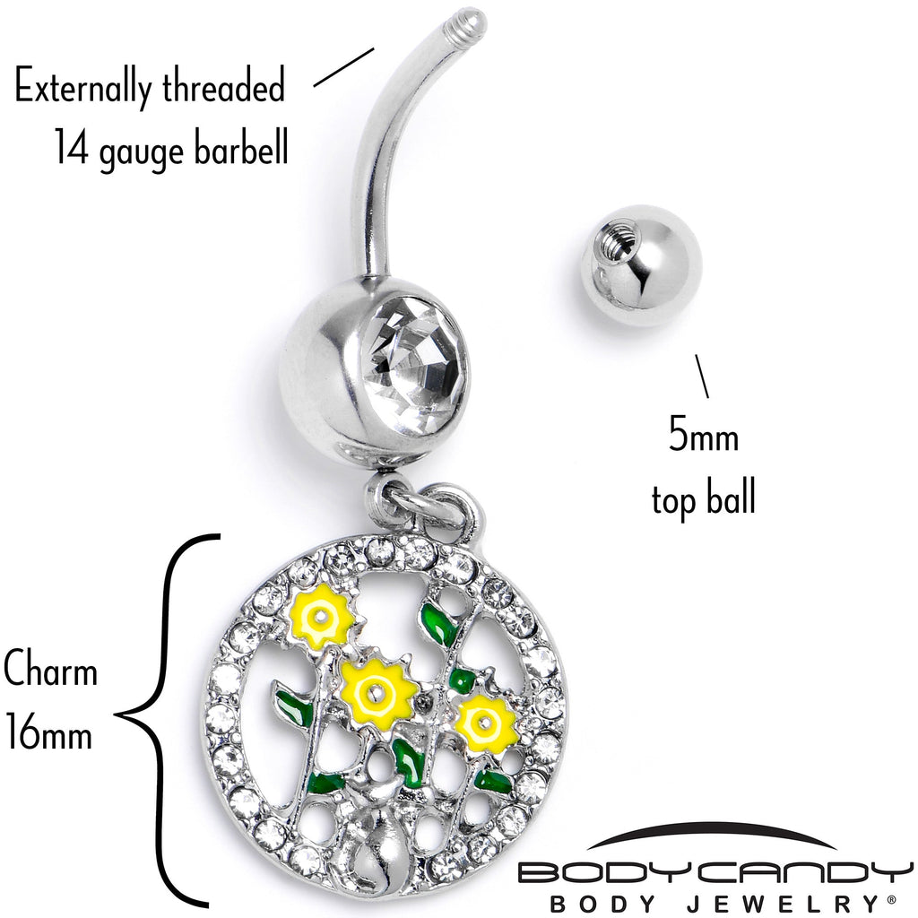 BodyCandy Clear Gem Cat Yellow Flowers Dangle Belly Ring — back view