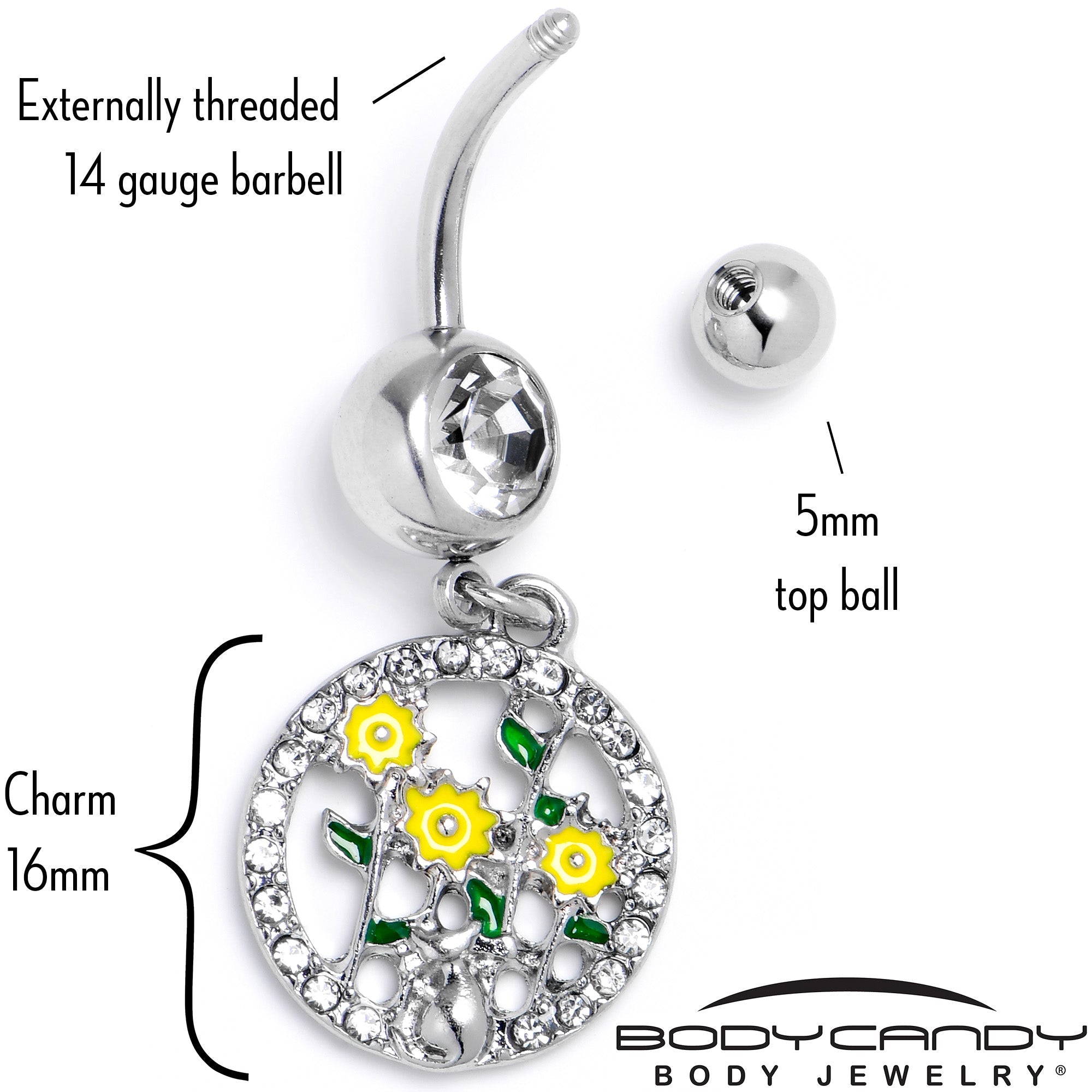BodyCandy Clear Gem Cat Yellow Flowers Dangle Belly Ring — back view