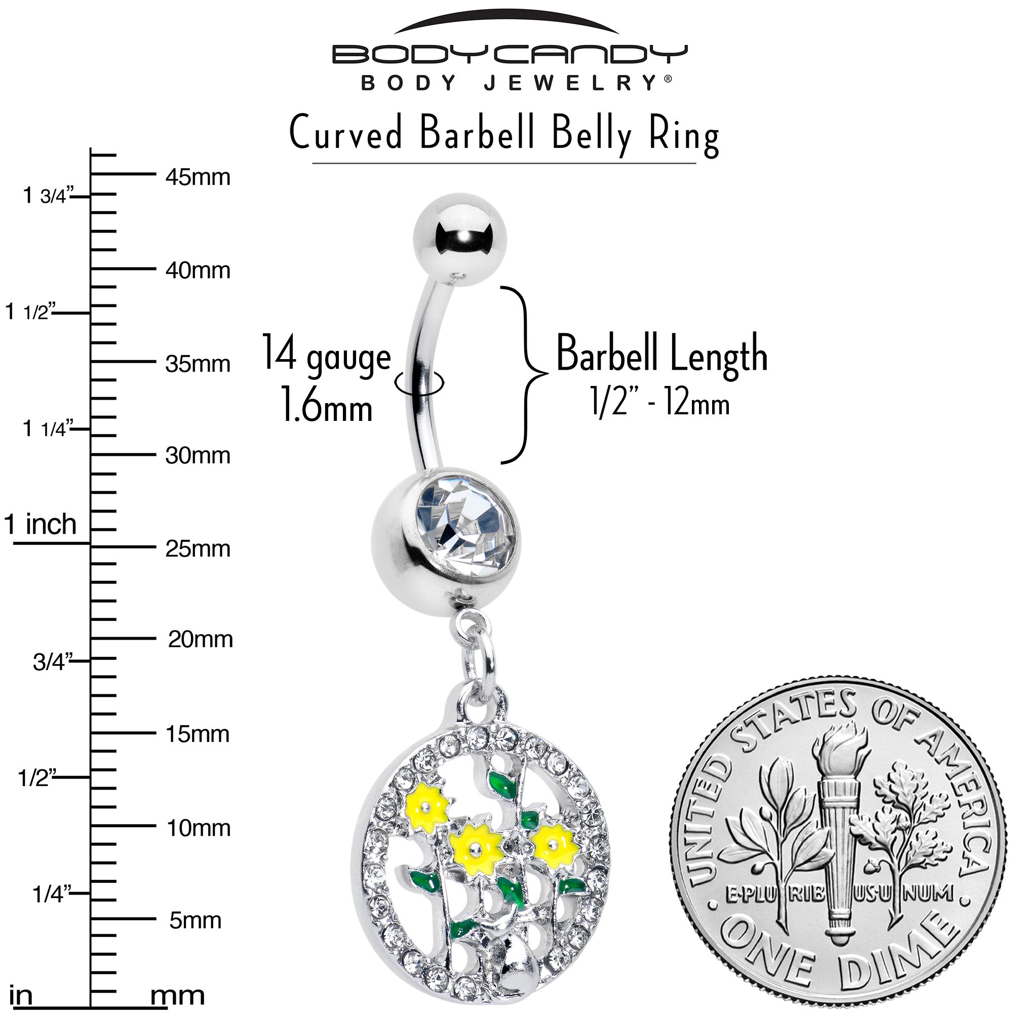 BodyCandy Clear Gem Cat Yellow Flowers Dangle Belly Ring — alternative angle