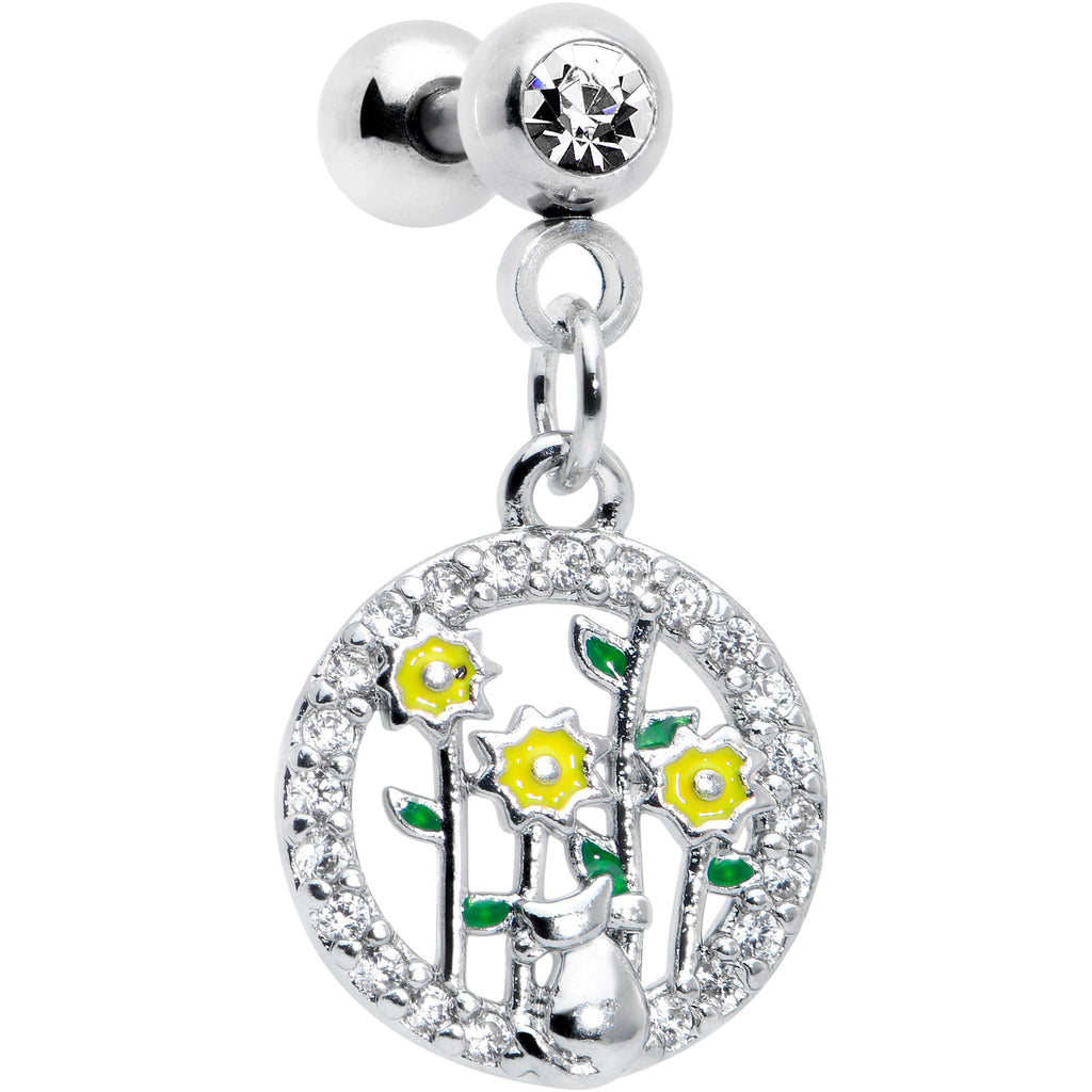BodyCandy 16G 1/4 Clear Gem Cat Yellow Flowers Dangle Cartilage Earring — detail close-up