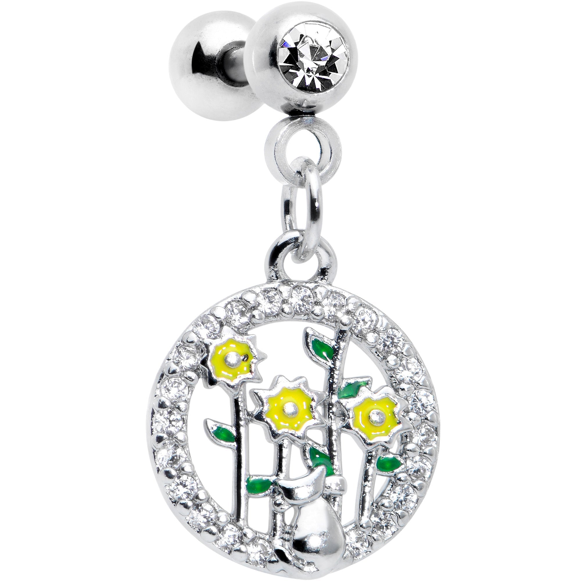 BodyCandy 16G 1/4 Clear Gem Cat Yellow Flowers Dangle Cartilage Earring — detail close-up