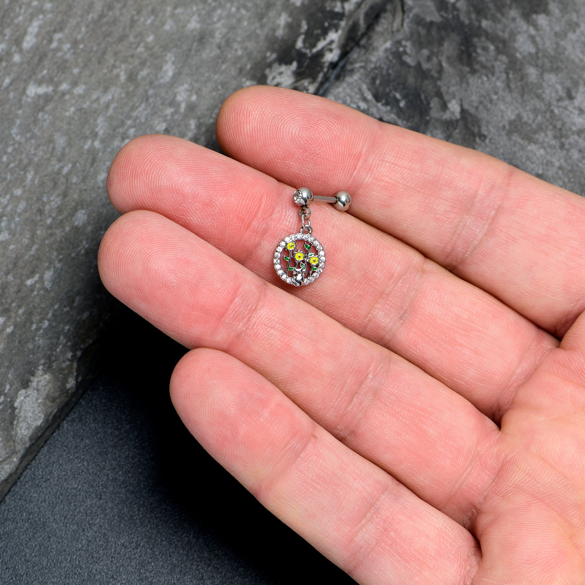 BodyCandy 16G 1/4 Clear Gem Cat Yellow Flowers Dangle Cartilage Earring — side view