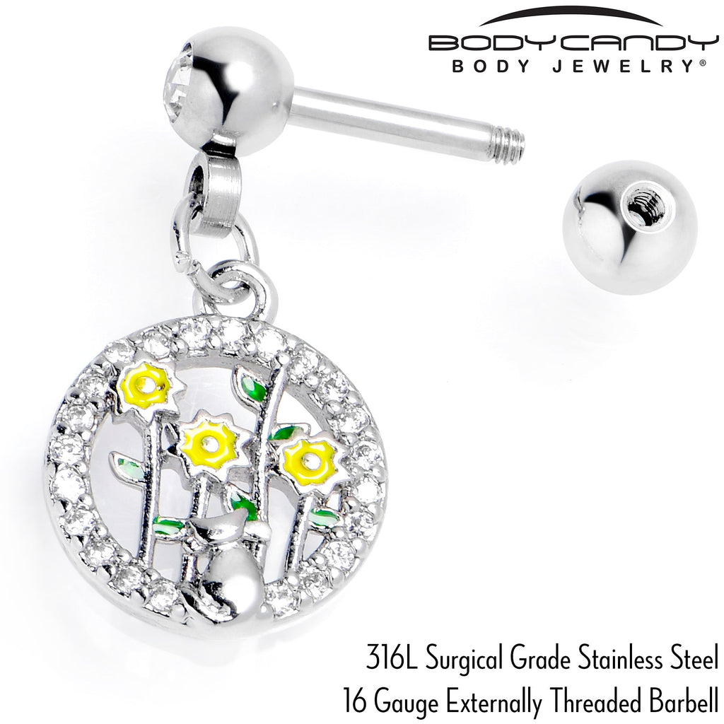 BodyCandy 16G 1/4 Clear Gem Cat Yellow Flowers Dangle Cartilage Earring — back view