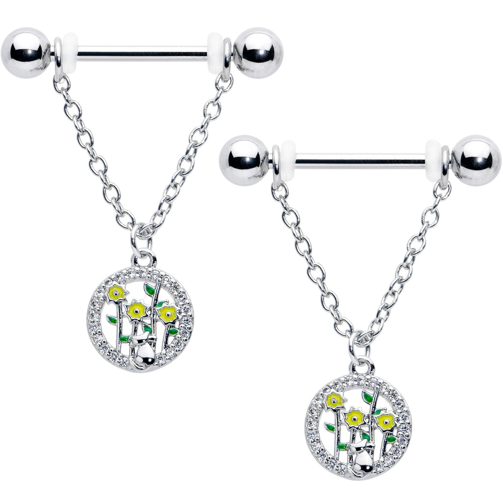 BodyCandy 14G 9/16 Clear Gem Cat Yellow Flowers Chain Dangle Nipple Ring Set — main product shot