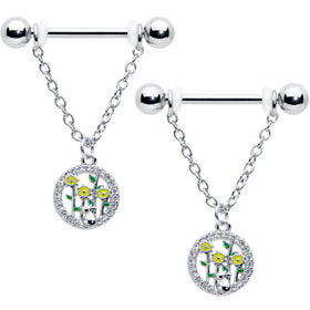 14G 9/16 Clear Gem Cat Yellow Flowers Chain Dangle Nipple Ring Set