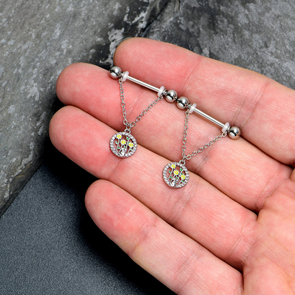BodyCandy 14G 9/16 Clear Gem Cat Yellow Flowers Chain Dangle Nipple Ring Set — detail close-up