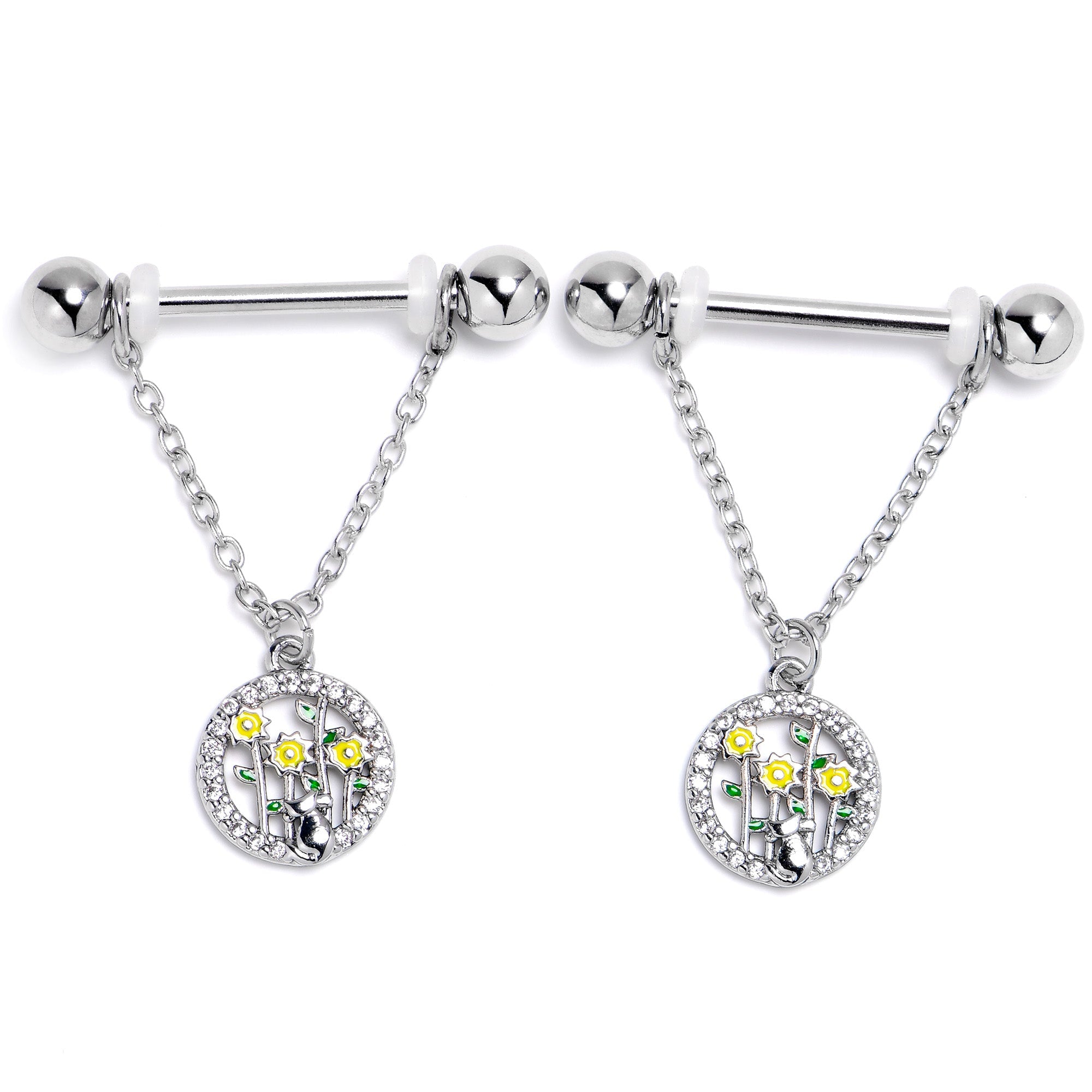 BodyCandy 14G 9/16 Clear Gem Cat Yellow Flowers Chain Dangle Nipple Ring Set — lifestyle context