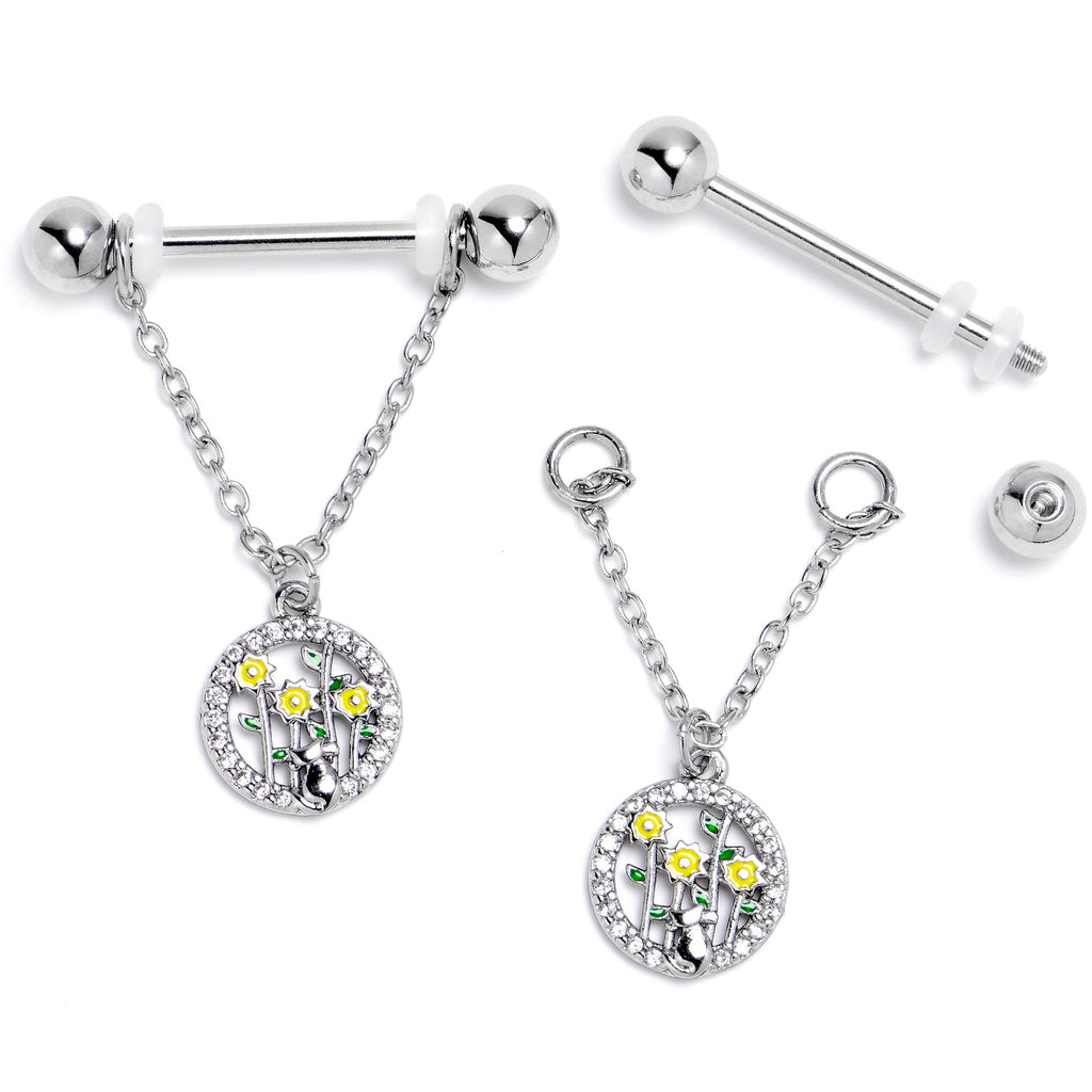 BodyCandy 14G 9/16 Clear Gem Cat Yellow Flowers Chain Dangle Nipple Ring Set — side view