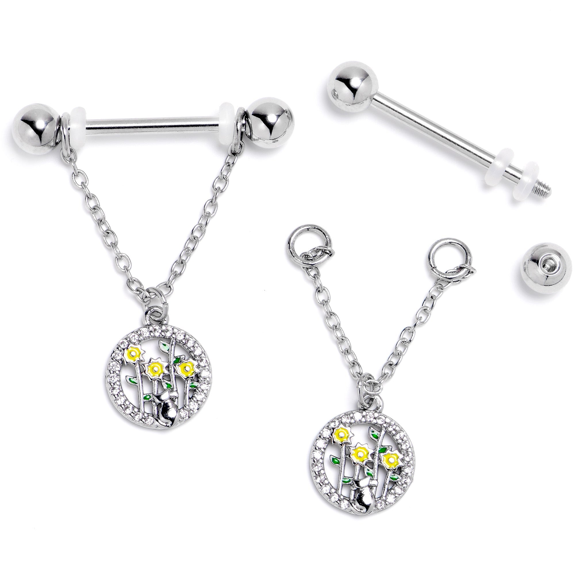 BodyCandy 14G 9/16 Clear Gem Cat Yellow Flowers Chain Dangle Nipple Ring Set — side view