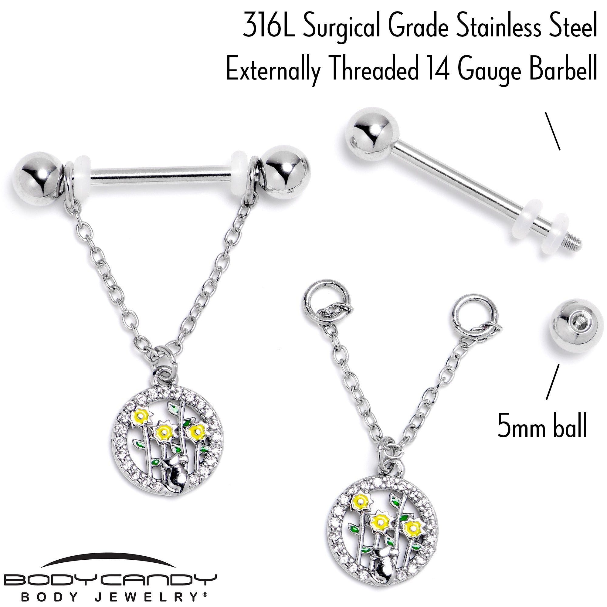 BodyCandy 14G 9/16 Clear Gem Cat Yellow Flowers Chain Dangle Nipple Ring Set — back view