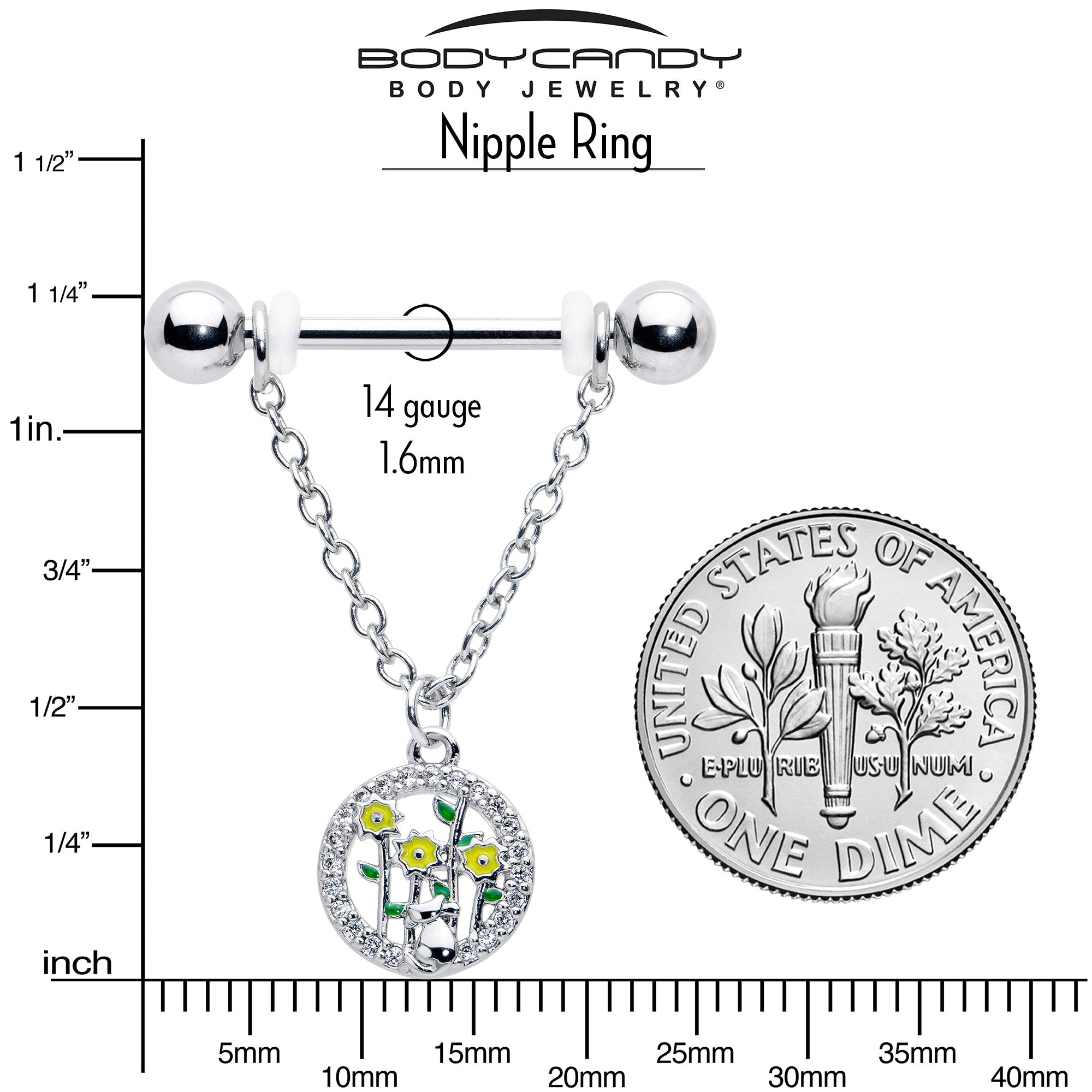 BodyCandy 14G 9/16 Clear Gem Cat Yellow Flowers Chain Dangle Nipple Ring Set — alternative angle