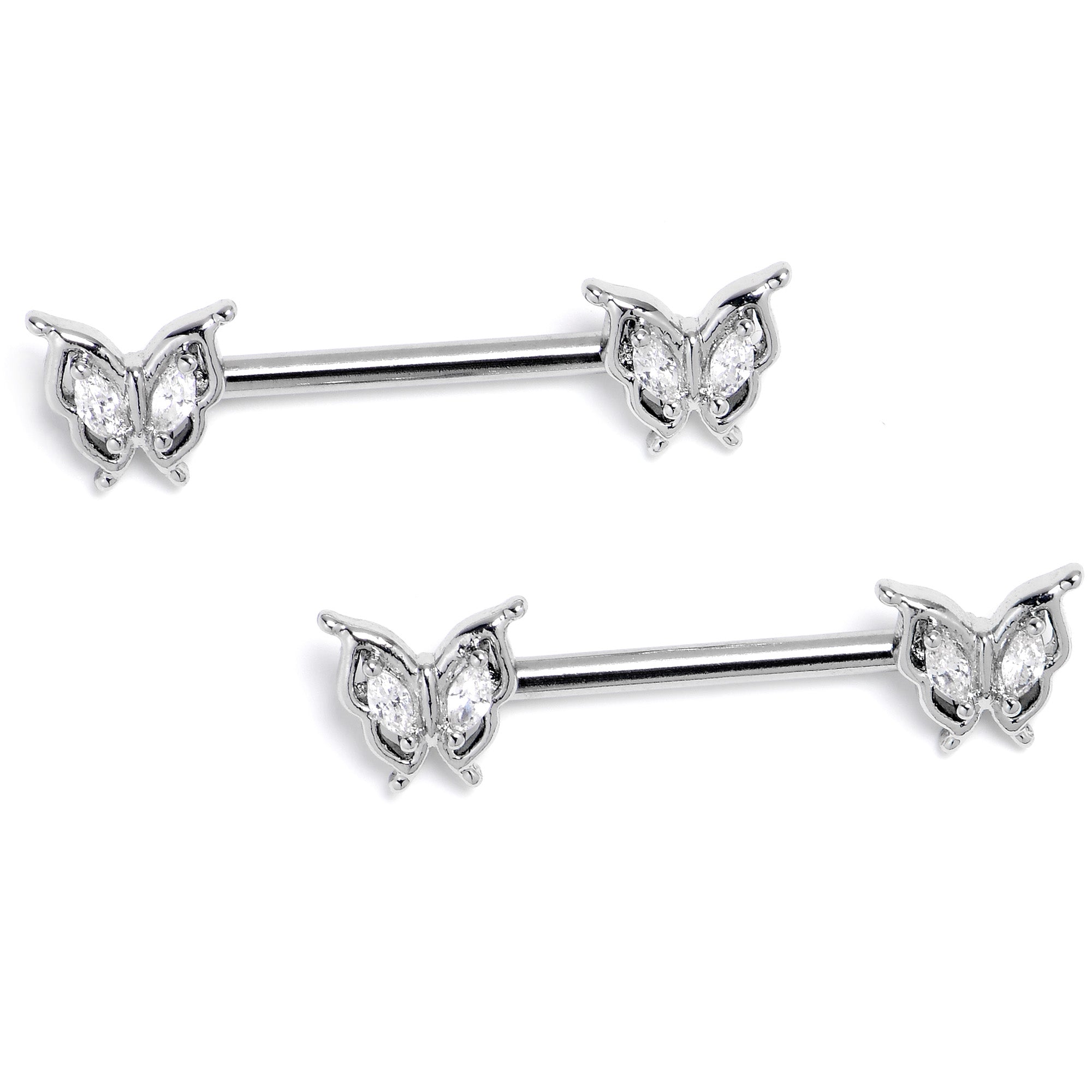 BodyCandy 14G 9/16 Clear Gem Fancy Fab Butterfly Barbell Nipple Ring Set — lifestyle context
