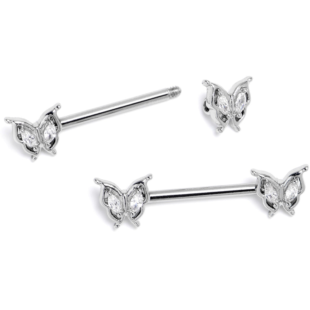 BodyCandy 14G 9/16 Clear Gem Fancy Fab Butterfly Barbell Nipple Ring Set — side view