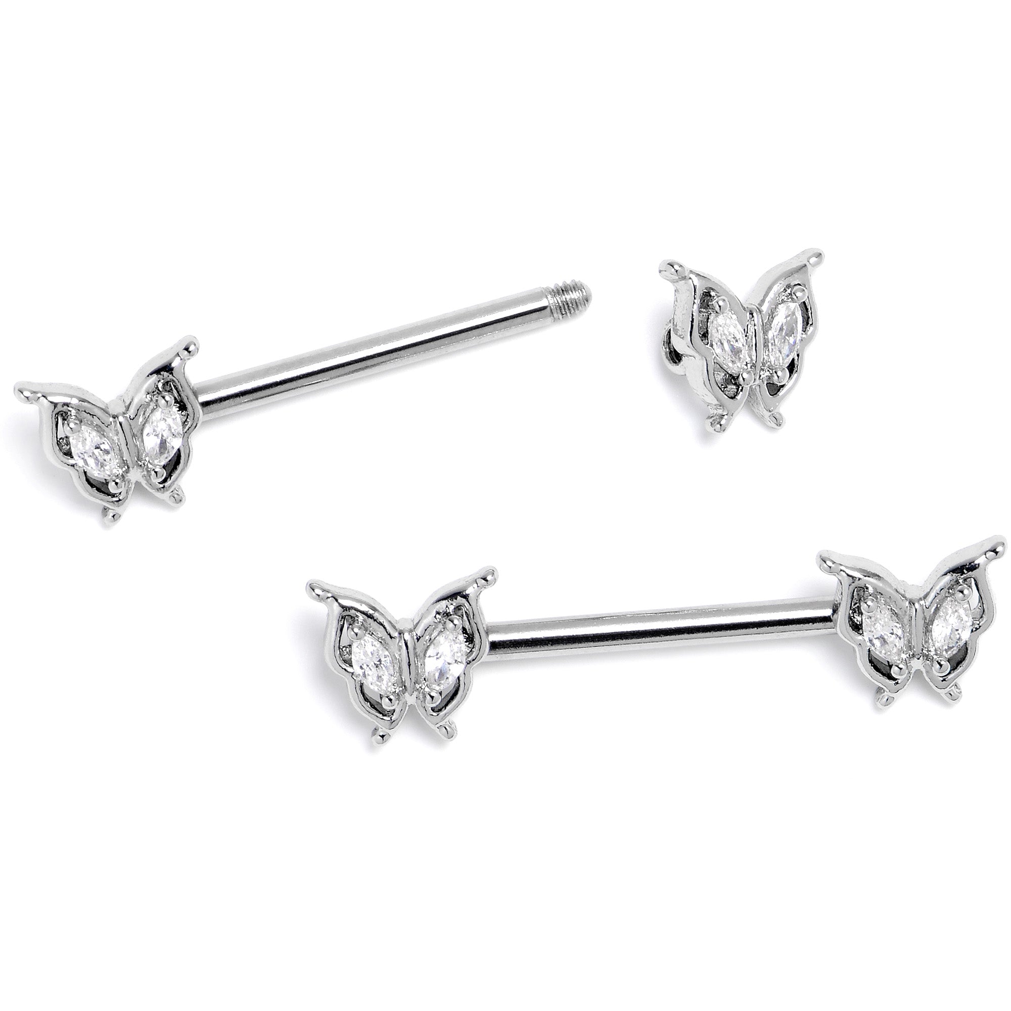BodyCandy 14G 9/16 Clear Gem Fancy Fab Butterfly Barbell Nipple Ring Set — side view