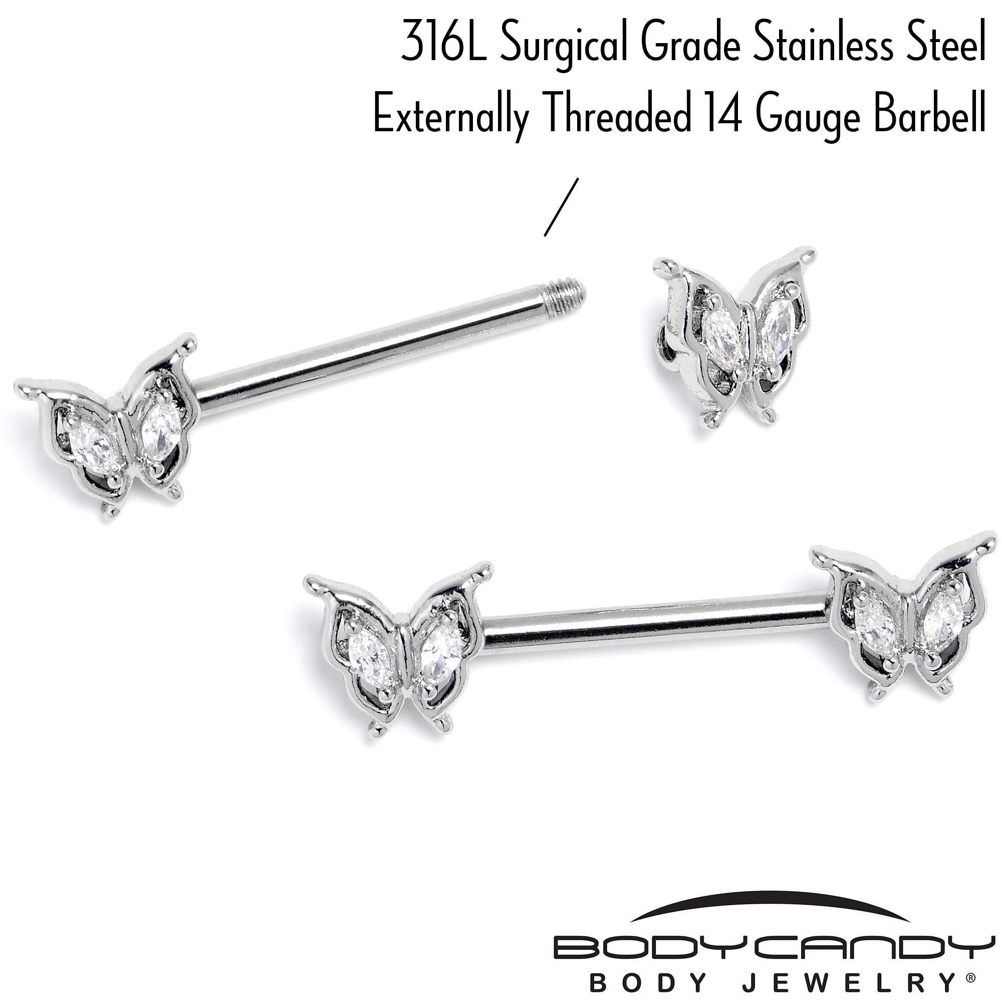 BodyCandy 14G 9/16 Clear Gem Fancy Fab Butterfly Barbell Nipple Ring Set — back view