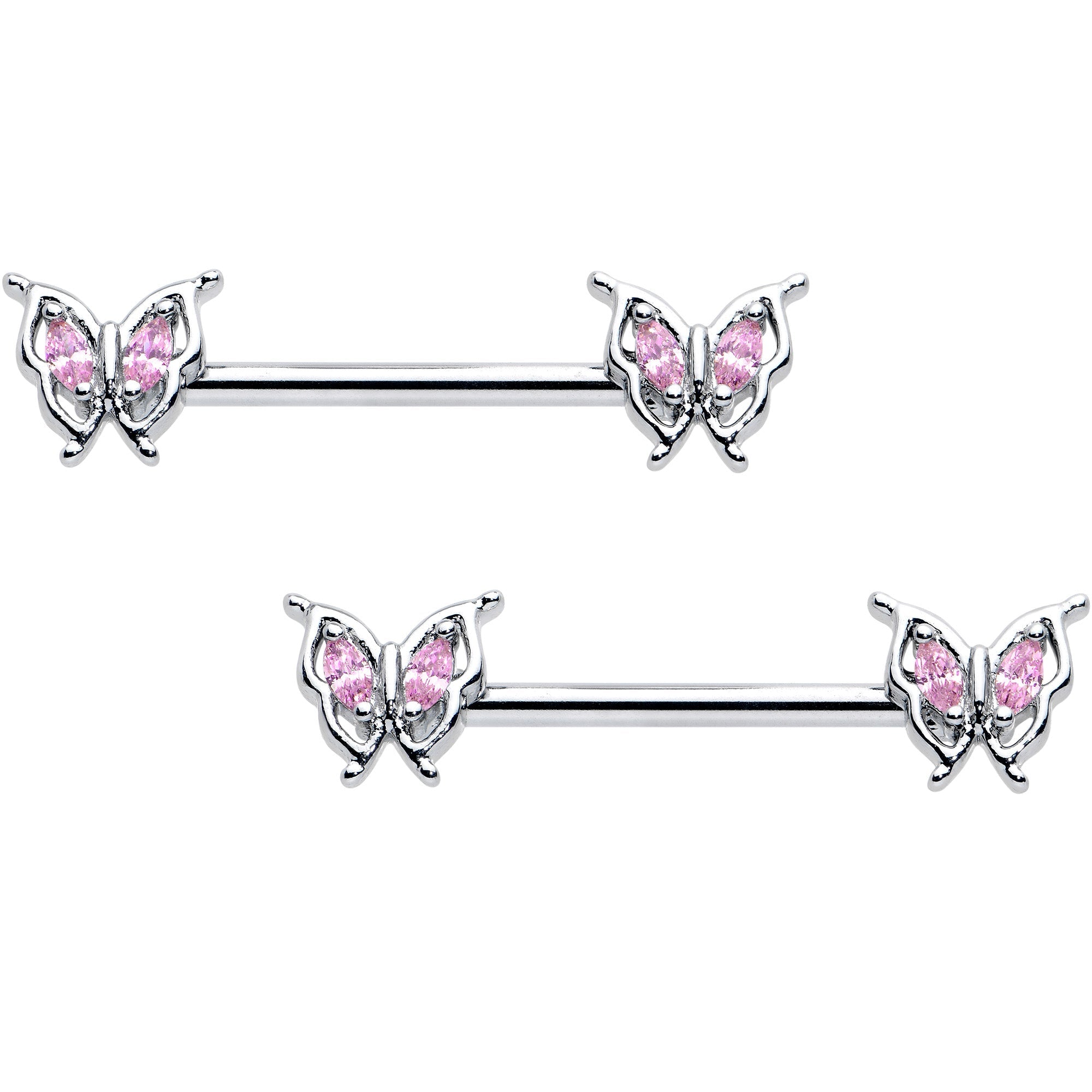 BodyCandy 14G 9/16 Pink Gem Fancy Fab Butterfly Barbell Nipple Ring Set — main product shot