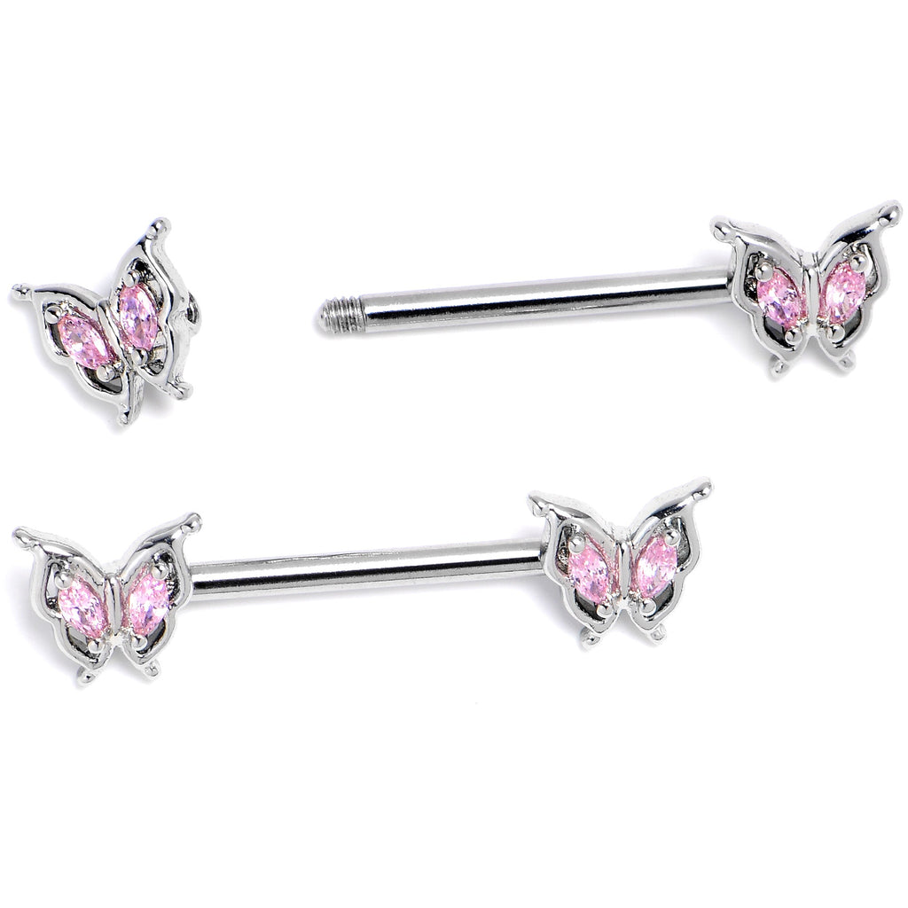 BodyCandy 14G 9/16 Pink Gem Fancy Fab Butterfly Barbell Nipple Ring Set — side view