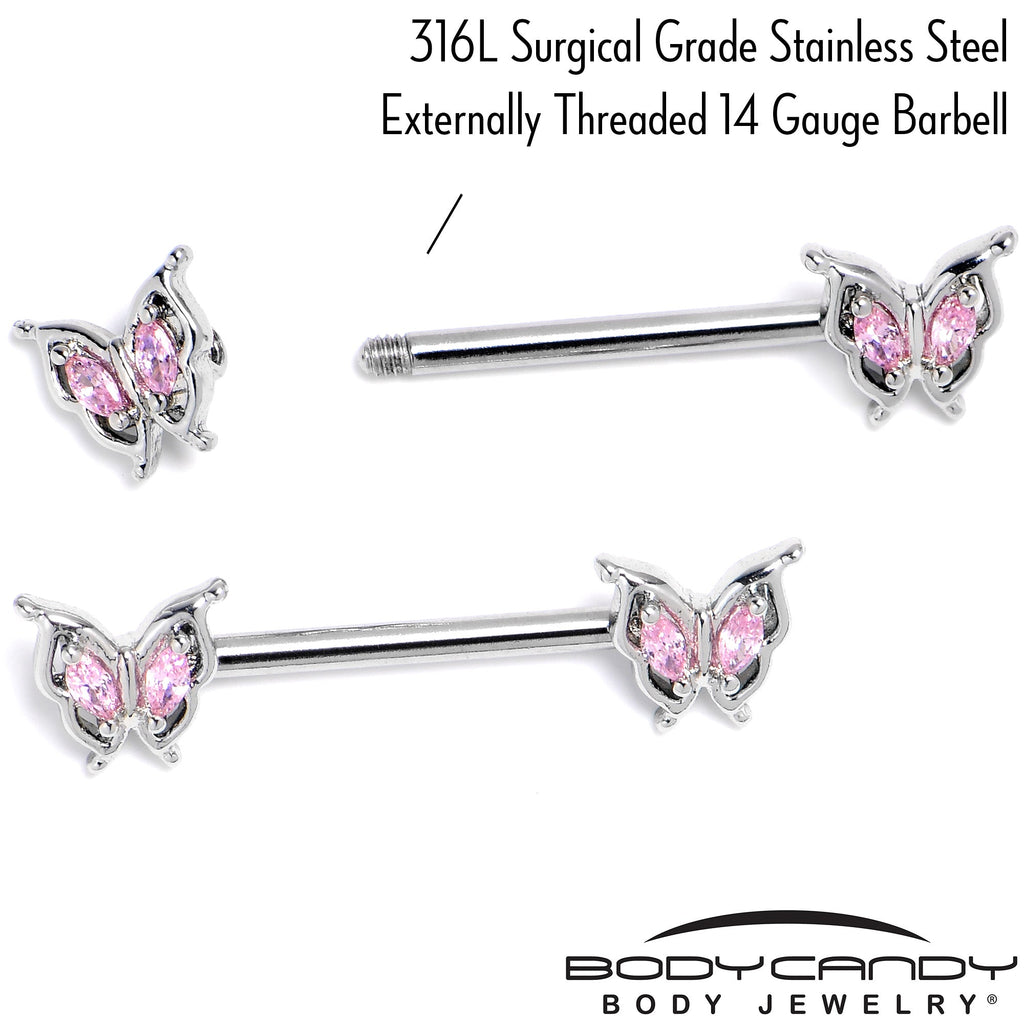 BodyCandy 14G 9/16 Pink Gem Fancy Fab Butterfly Barbell Nipple Ring Set — back view