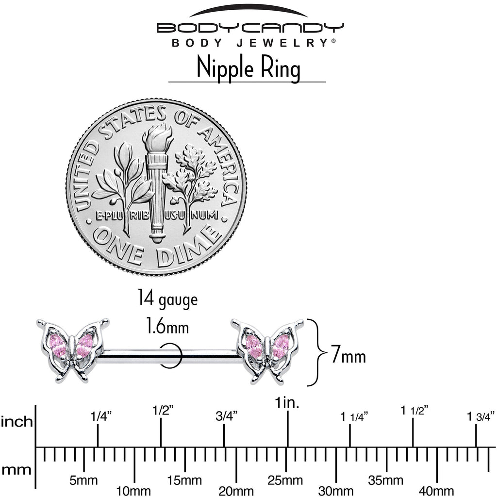 BodyCandy 14G 9/16 Pink Gem Fancy Fab Butterfly Barbell Nipple Ring Set — alternative angle