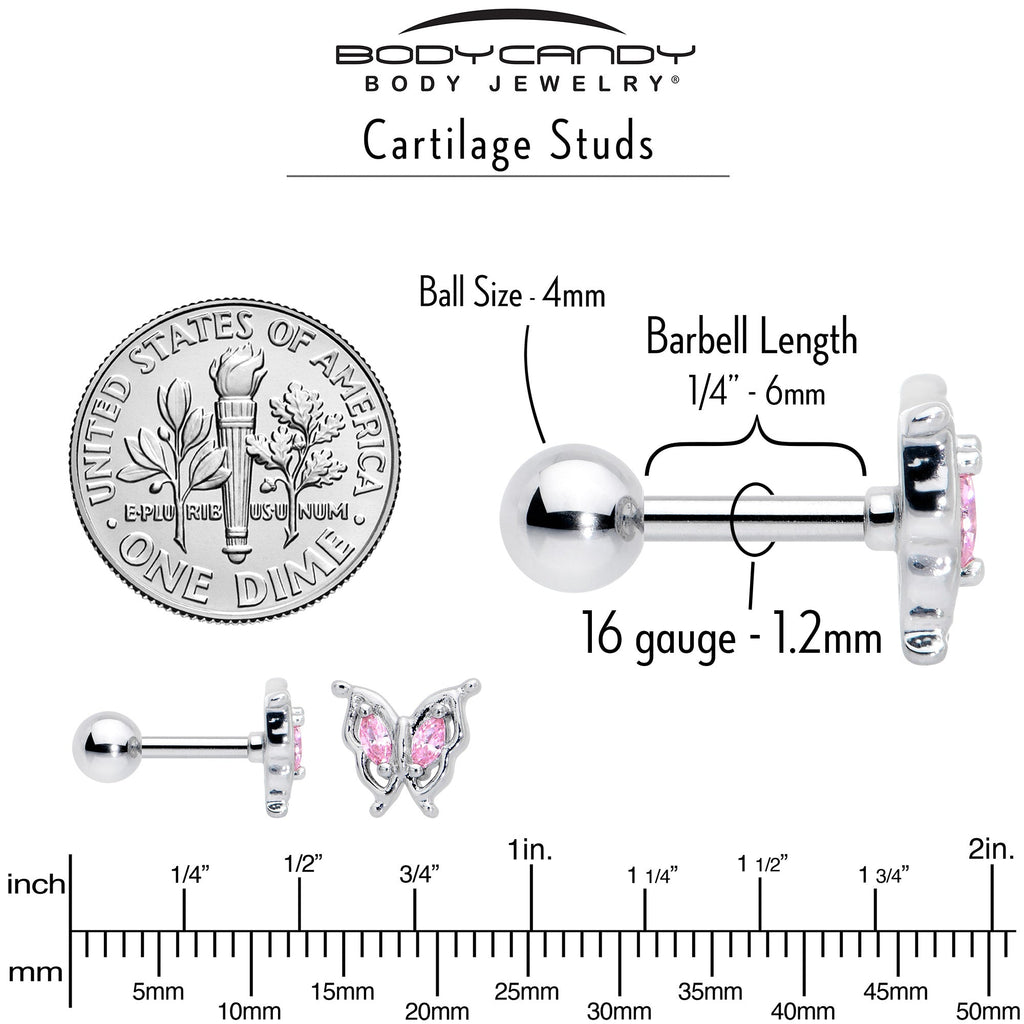 BodyCandy 16G 1/4 Pink Gem Fancy Fab Butterfly Cartilage Tragus Earring — alternative angle