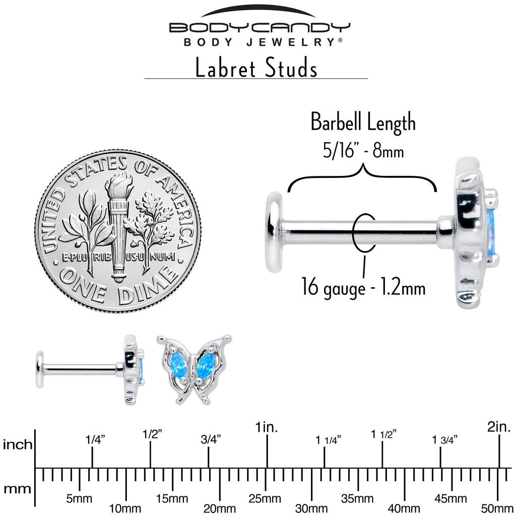 BodyCandy 16G 5/16 Blue Gem Fancy Fab Butterfly Internally Threaded Labret — alternative angle