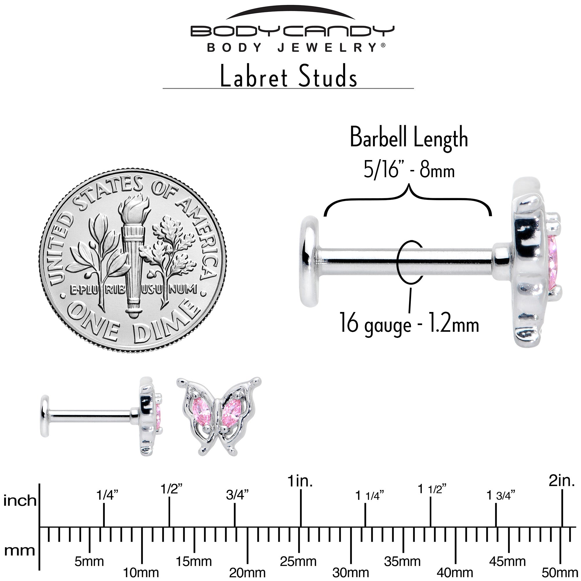 BodyCandy 16G 5/16 Pink Gem Fancy Fab Butterfly Internally Threaded Labret — alternative angle