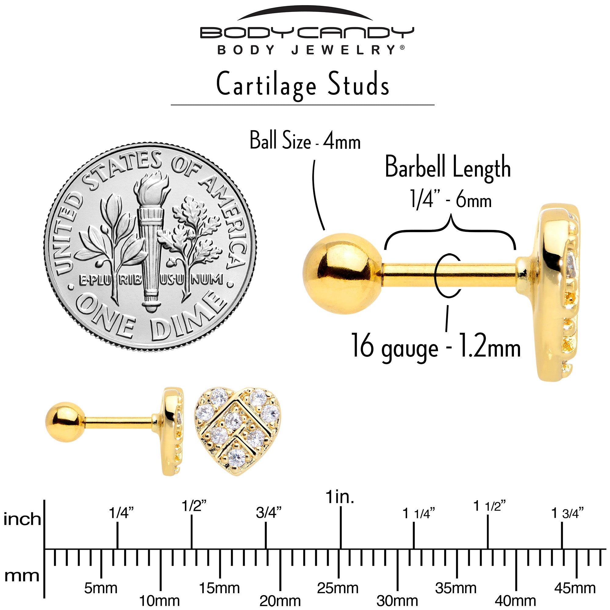 BodyCandy 16G 1/4 Clear Gem Gold Tone Lattice Heart Cartilage Tragus Earring — alternative angle