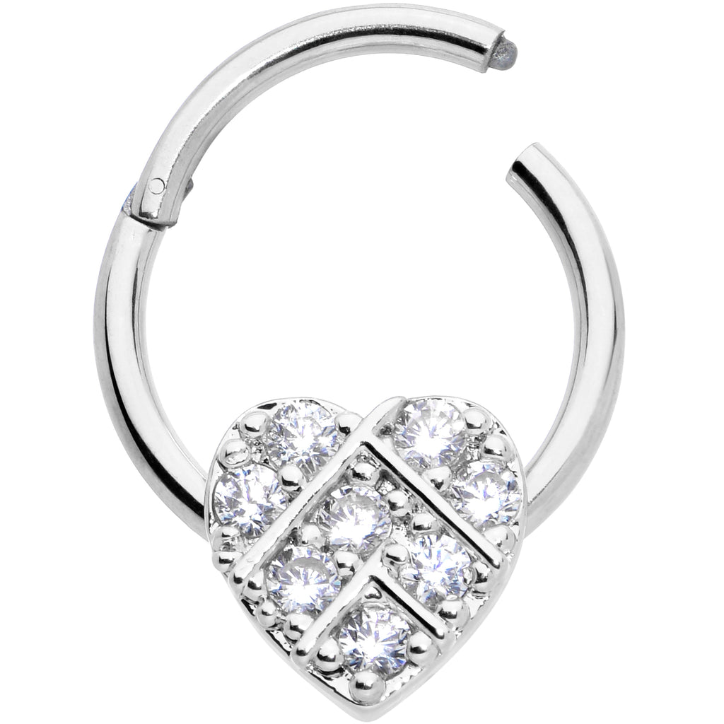 BodyCandy 16G 3/8 Clear CZ Gem Lattice Heart Hinged Segment Ring — detail close-up