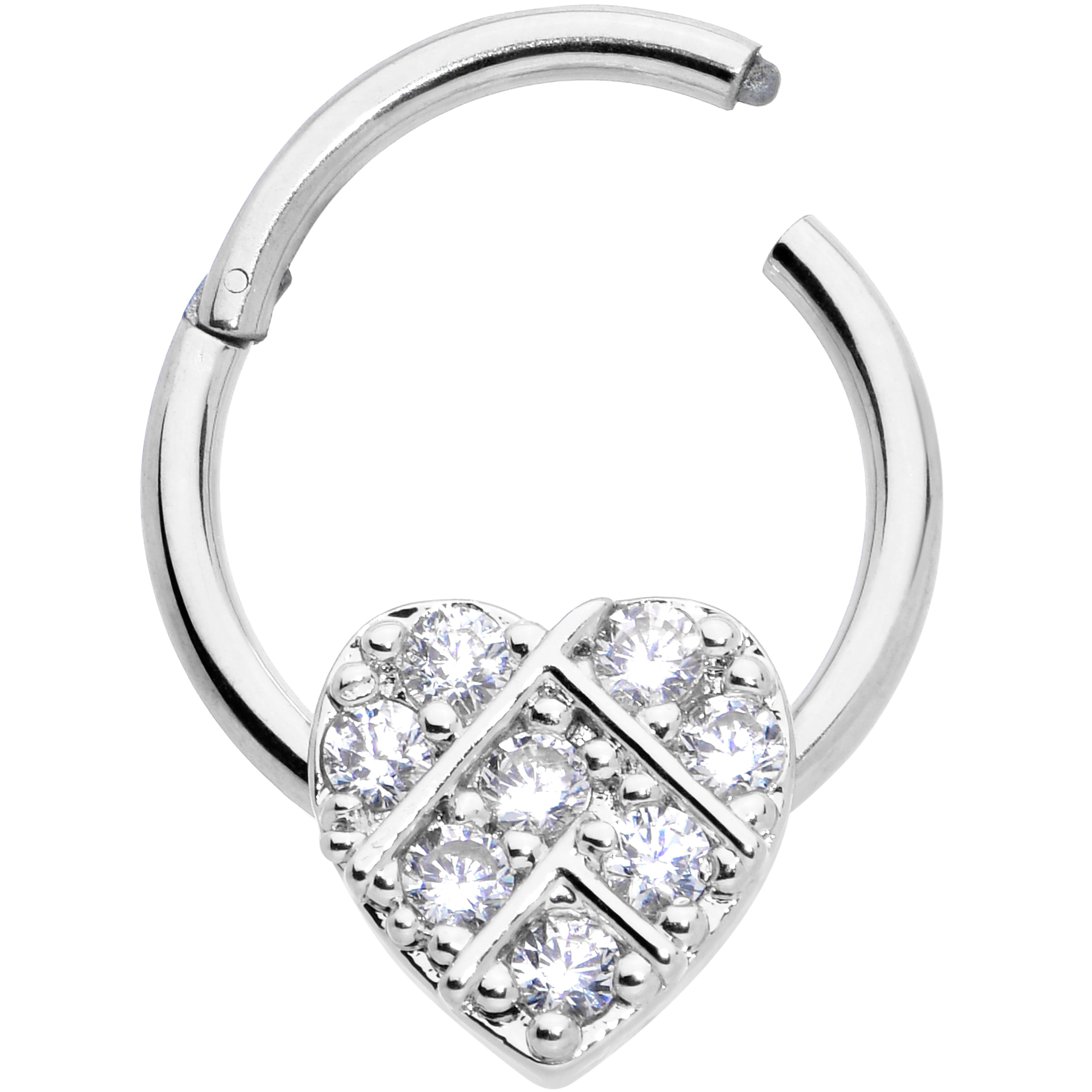 BodyCandy 16G 3/8 Clear CZ Gem Lattice Heart Hinged Segment Ring — detail close-up