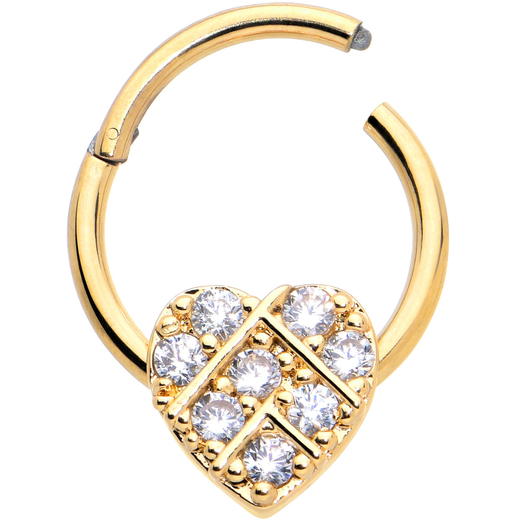 BodyCandy 16G 3/8 Clear CZ Gem Gold Tone Lattice Heart Hinged Segment Ring — detail close-up