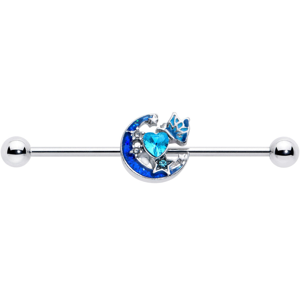 BodyCandy 14G Blue CZ Gem Butterfly Love Heart Industrial Barbell 38mm — detail close-up
