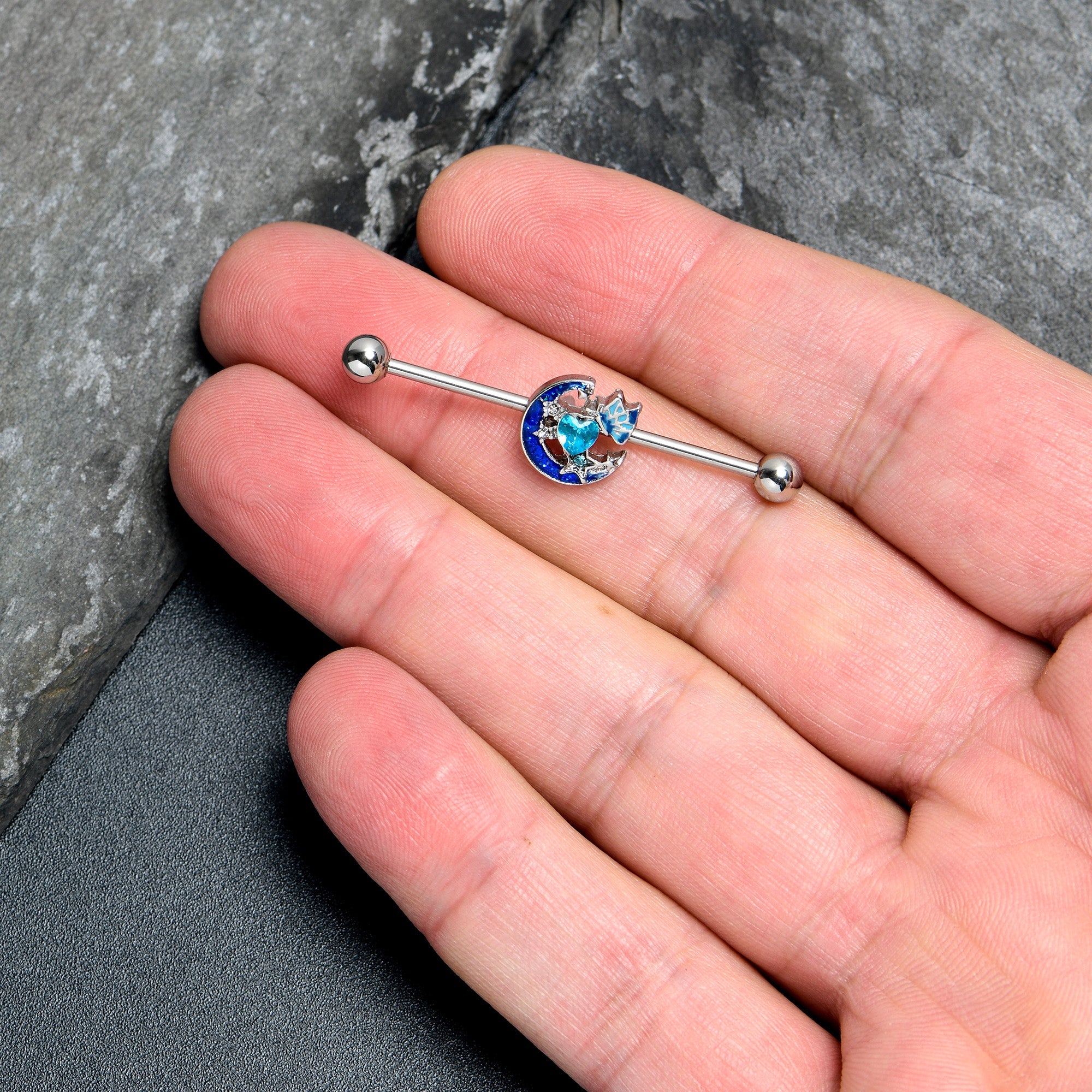 BodyCandy 14G Blue CZ Gem Butterfly Love Heart Industrial Barbell 38mm — lifestyle context