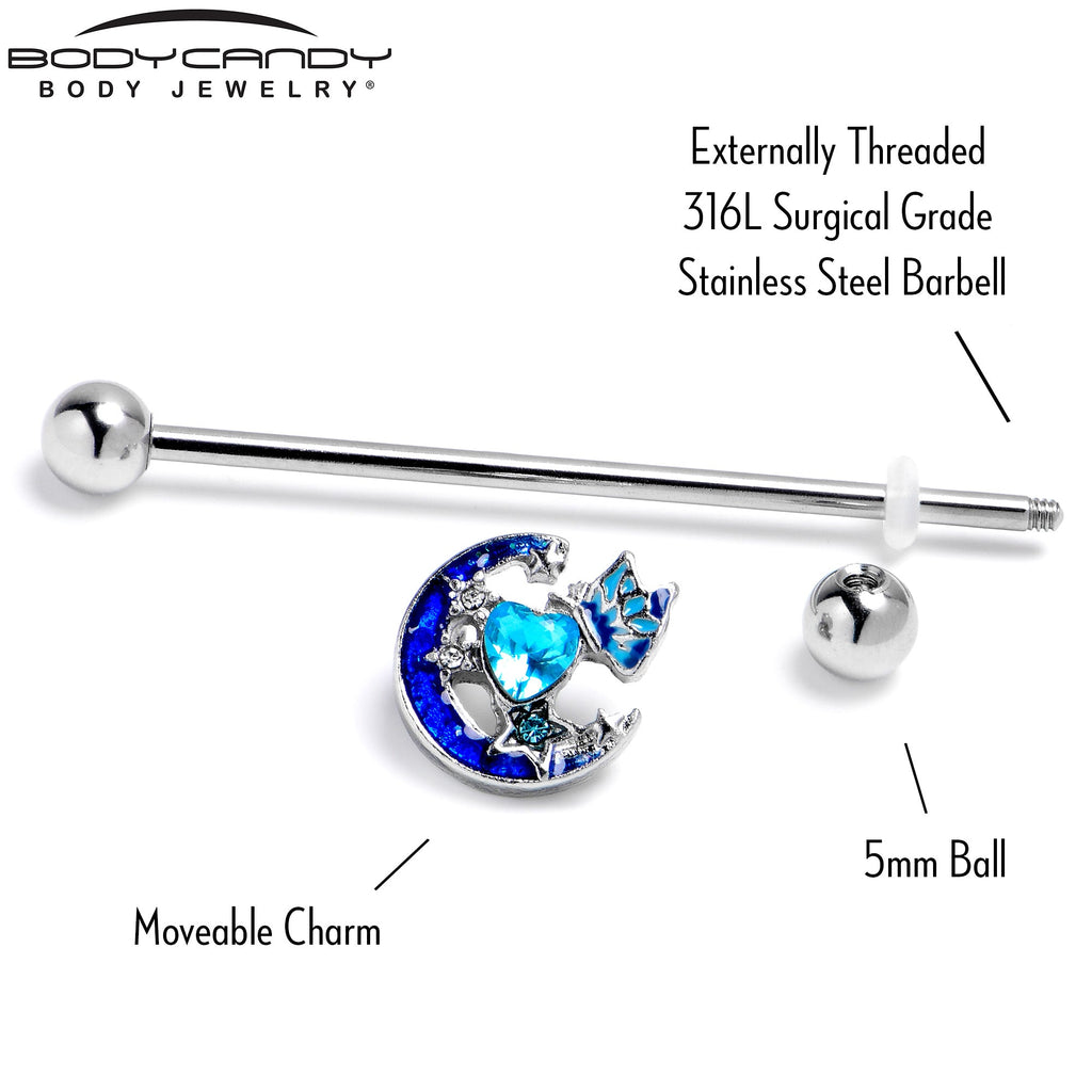 BodyCandy 14G Blue CZ Gem Butterfly Love Heart Industrial Barbell 38mm — back view